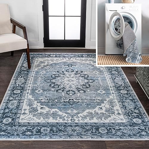 JONATHAN Y WSH108B-3 ASA Medallón adornado lavable a máquina, azulcrema, 3 x 5 pies, fácil de limpiar, no desprende pelusa para el hogar, cocina,