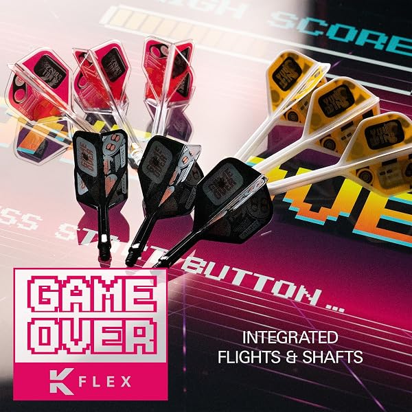 Target Darts K-Flex Game Over/Press Start/You Win Freccette Alette e Aste, No.2 | Confezione da 3 Kflex Integrato Volo e Albero Sistema, Tutto in Uno Stampato Stelo – Corto/Intermedio/Medio - 2