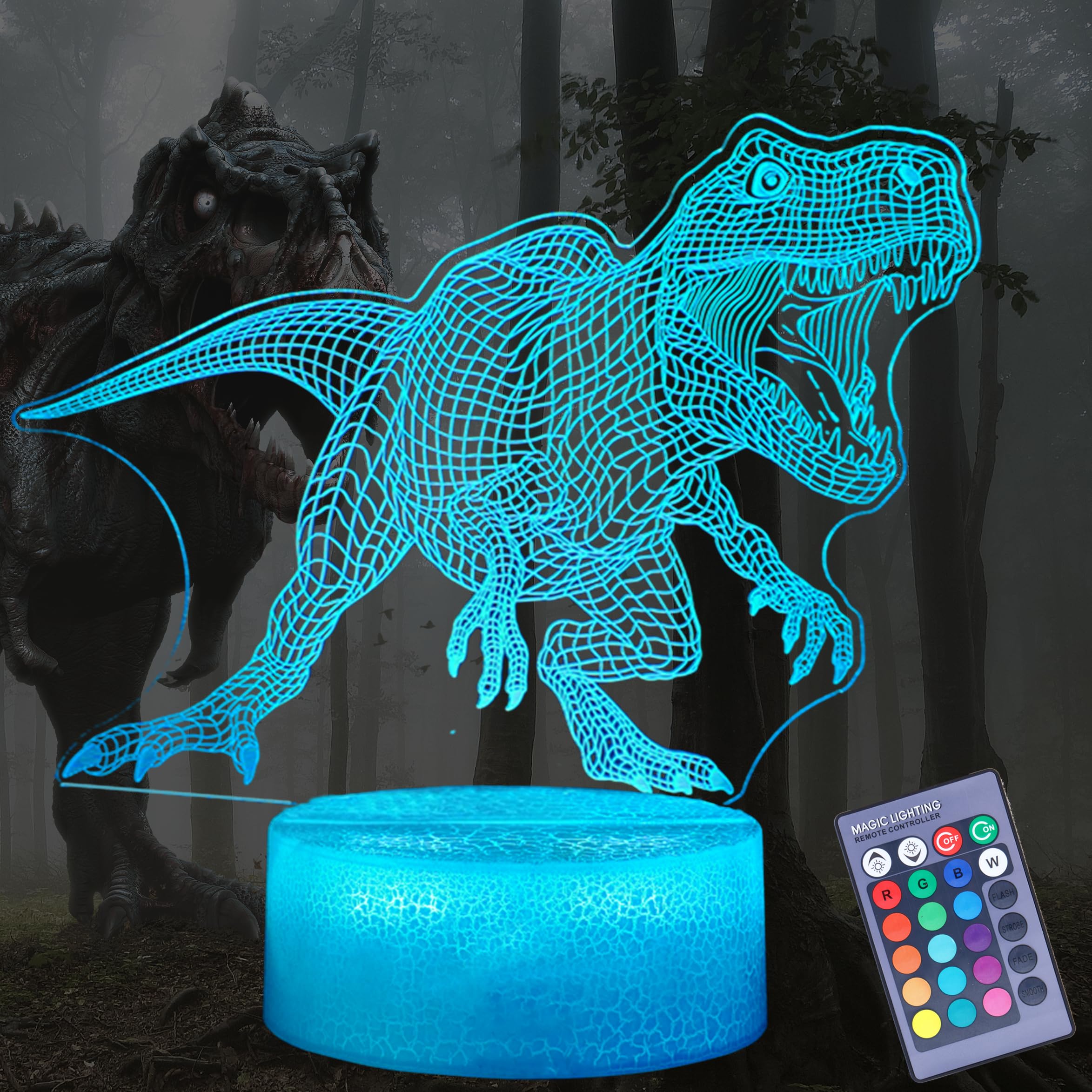 POSSHE Dinosaur Night Light for Kids, 3D Illusion Lamp with Remote Control, 16 Colors Changing, RGB Flashing Mode and Dimmable, Gifts for Boys Christmas Decor