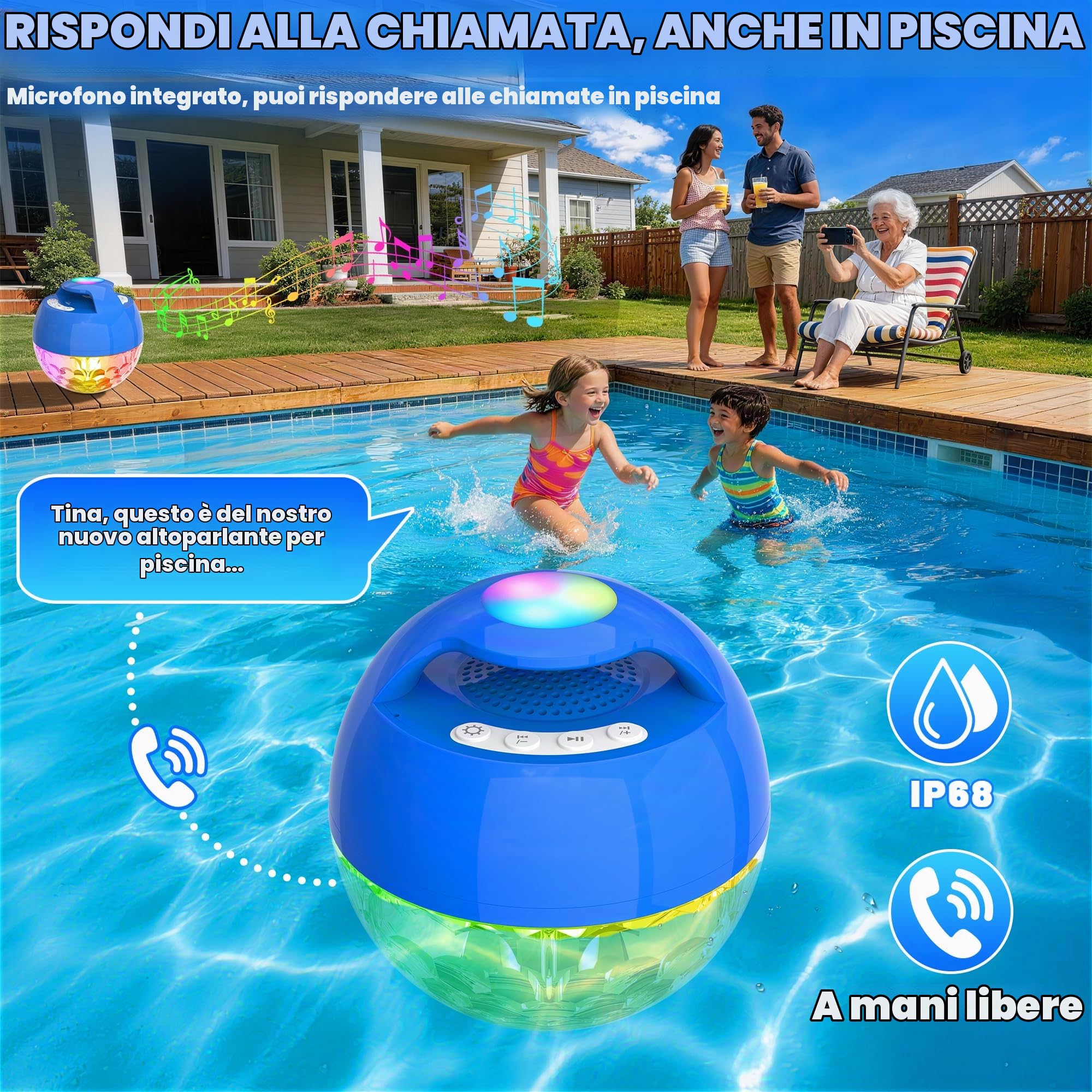 KingSom Altoparlante per Piscina con Luminosa,Altoparlante Bluetooth Piscina,Cassa Bluetooth Impermeabile IP68 Altoparlante Bluetooth Galleggiante,Audio stereo,BT5.4,Cassa Bluetooth Doccia