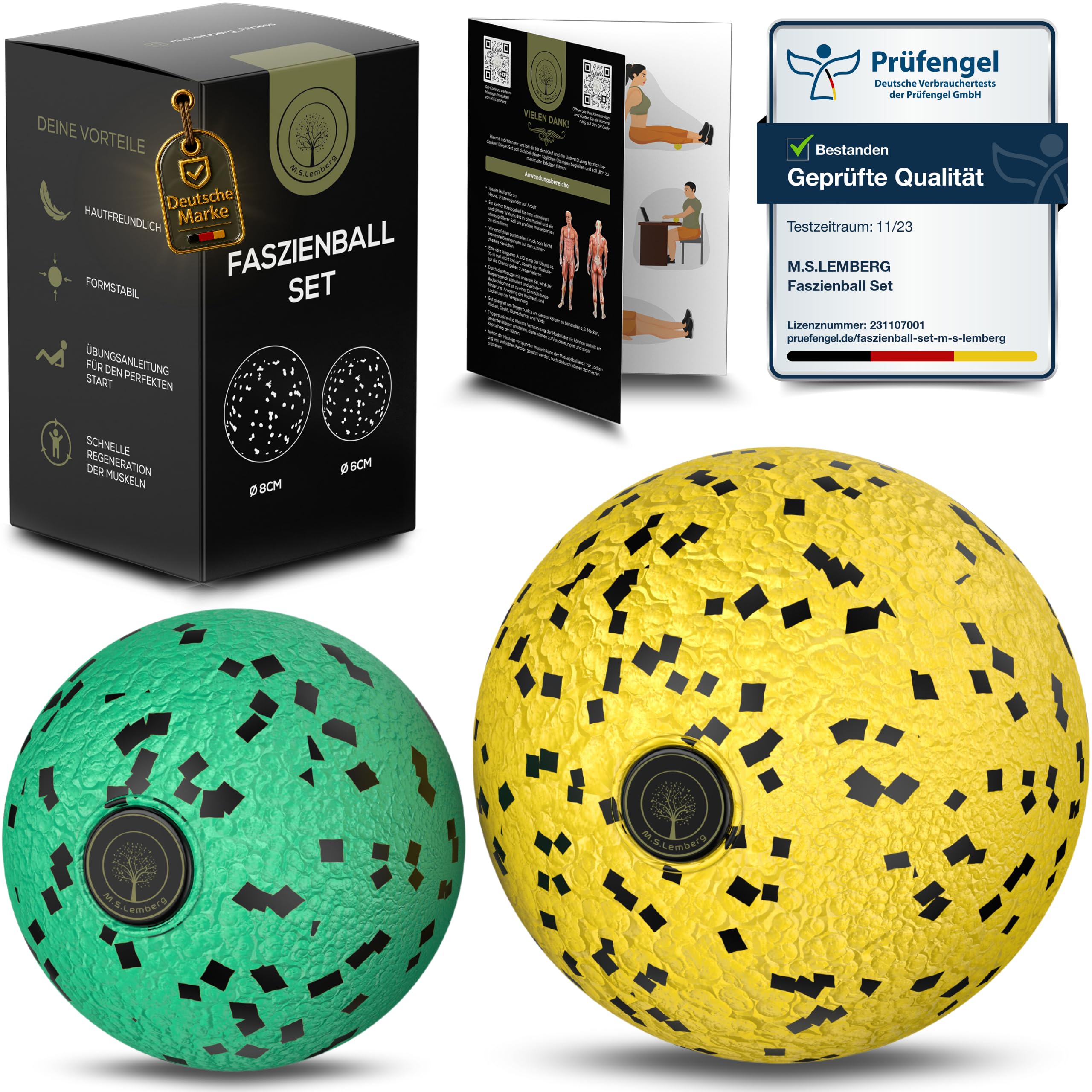M.S.Lemberg® Faszienball 2er Set [6cm & 8cm] - Massageball für gezielte Selbstmassage der Faszien - Fuß, Rücken, Nacken, Schultern, Beine - Faszienkugel Massagekugel Massage Ball klein