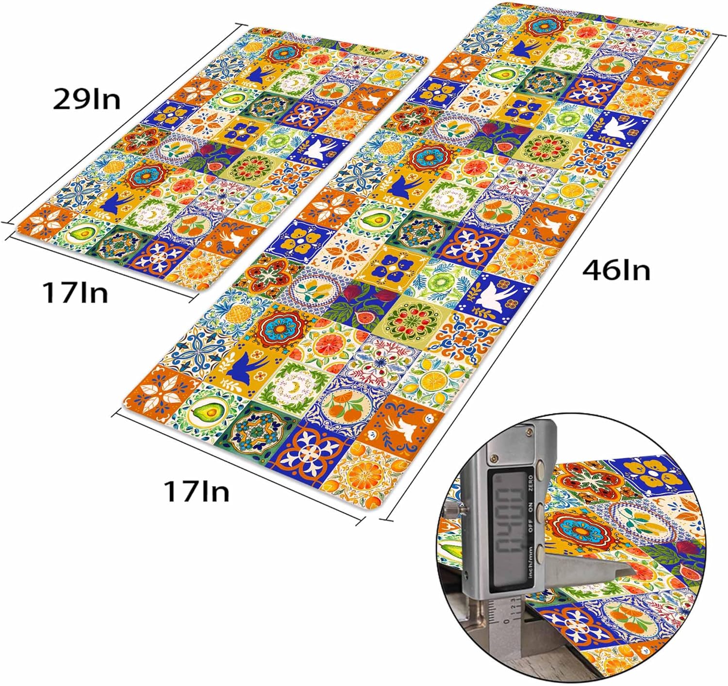 Rexful Colorful Mediterranean Tile Kitchen Rug Runner and Mat Set 2 PCS Non-Slip Washable Floor Mats Yellow Blue Orange Patchwork Pattern Kitchen Decor Mat (Green, 47''×17.3''+29''×17.3'')