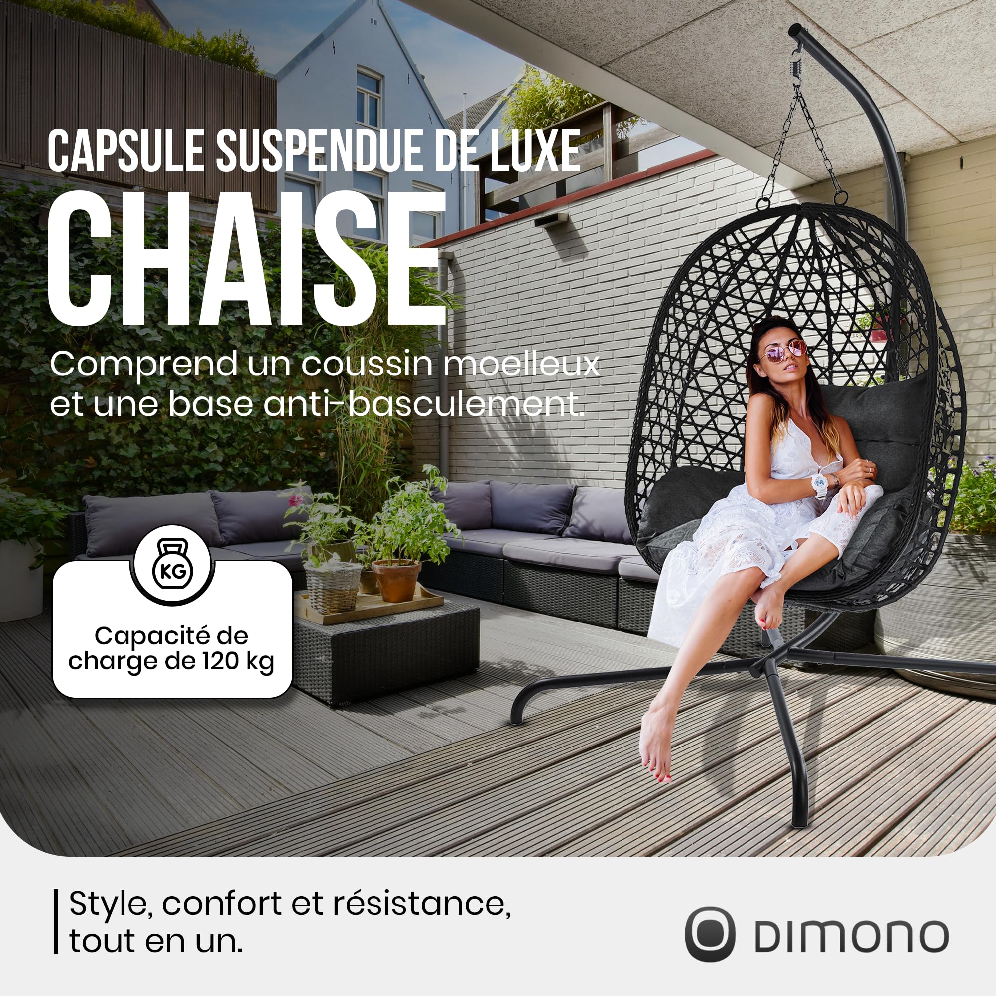 Chaise Suspendue avec Support ; Fauteuil de Relaxation en rotin Suspendu Outdoor & Indoor ; Balançoire Egg idéale pour Le Jardin, la terrasse, Le Coin Lecture UVM. Capacité de Charge de 120kg (Gris)