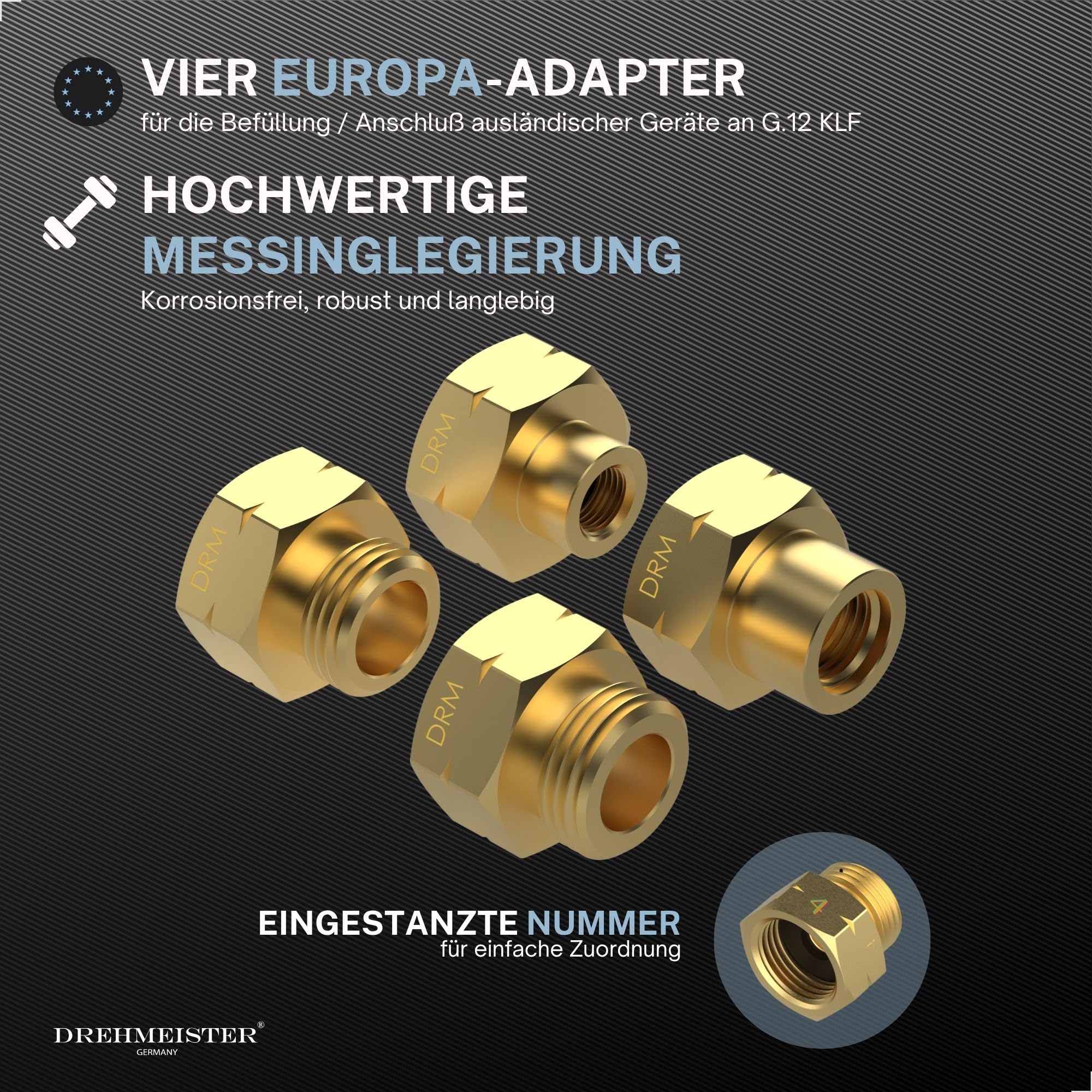 Gasflaschen Adapter Set Europa Befüllung - 4 Adapter aus Messing für deutsche Gasflaschen G.12 KLF - Anschluss ausländischer Regler und Schläuche