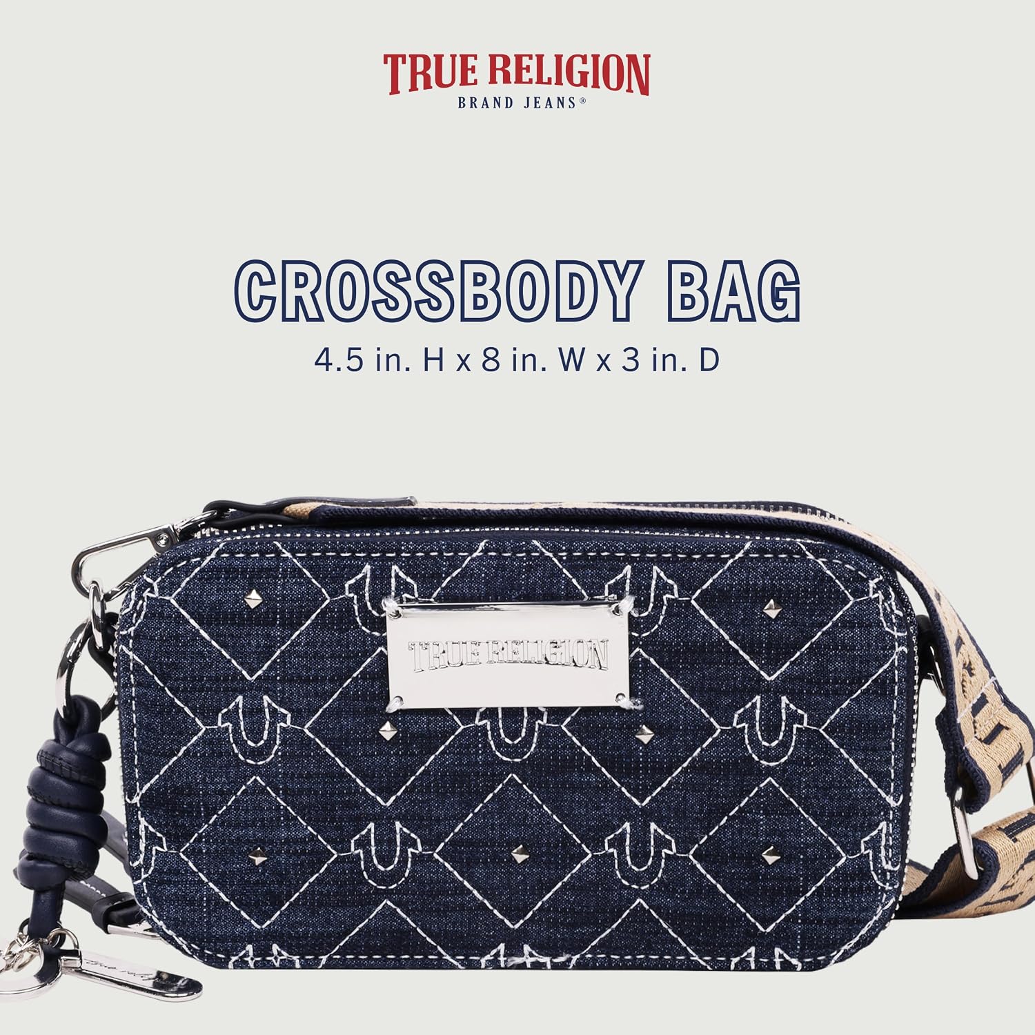 True Religion Camera Bag Studded Denim, Women’s Quilted Crossbody Purse, Adjustable Strap, Dark Denim