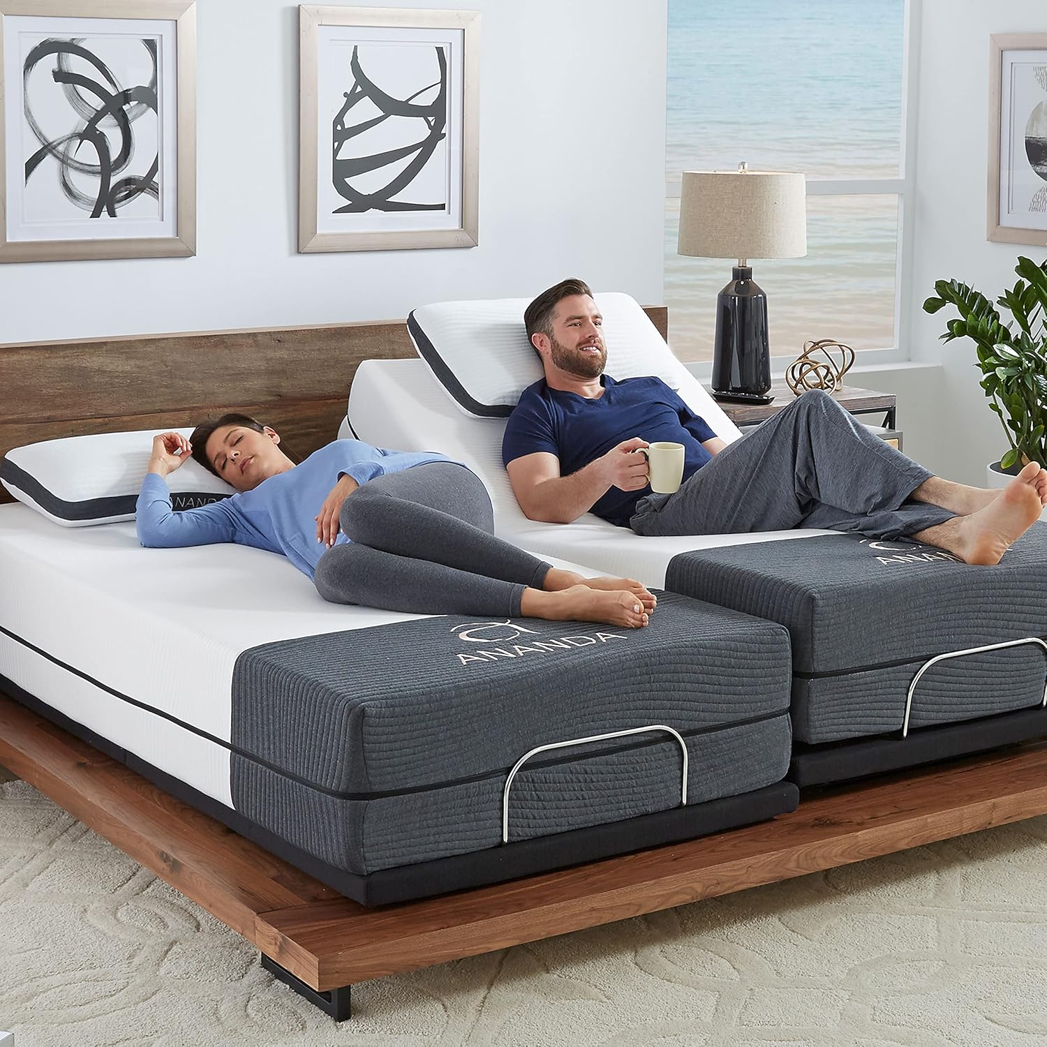 Ananda 12" Cal King Split Pearl and Cool Gel Infused Memory Foam Mattress with Premium Adjustable Bed Frame Combo, Head Tilt, Alexa Voice Command, Massage, USB, Zero Gravity,Anti-Snore
