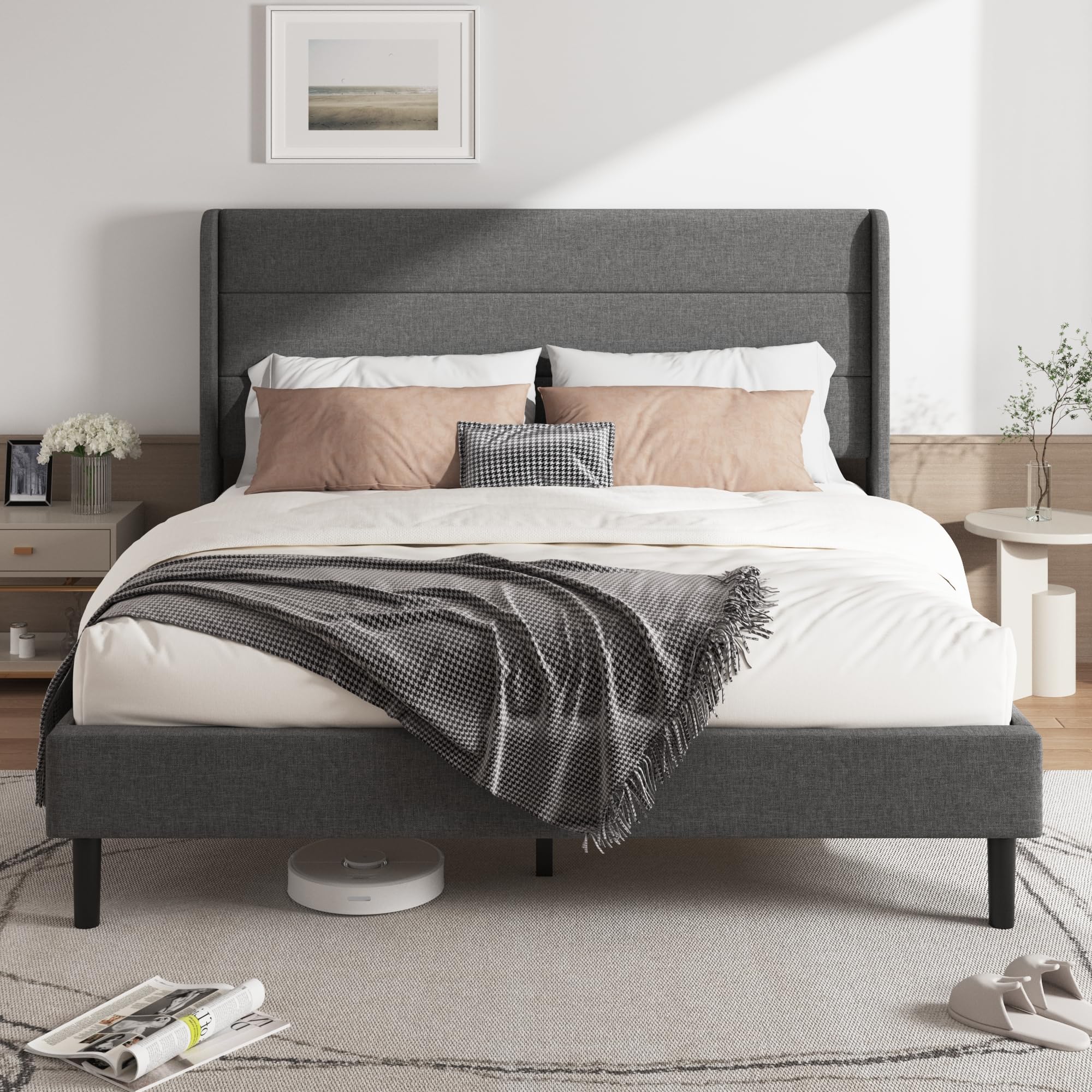 king size upholstered platform bed frame, modern linen fabric bed with wingback headboard, sturdy no wobble, noise-free & easy assembly, no box spring needed, gray