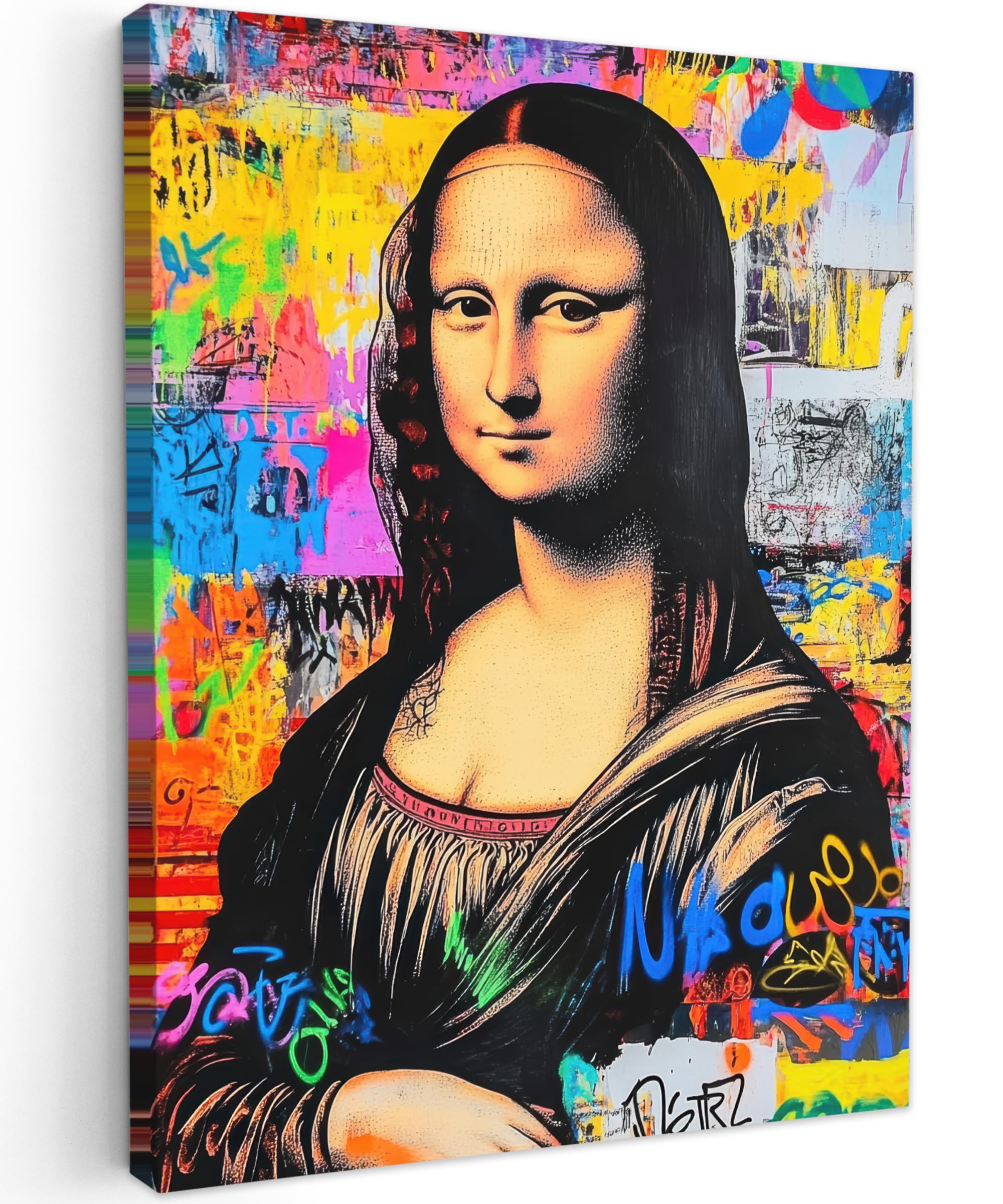 MuchoWow© Bild auf Leinwand 60x80 cm Schlafzimmer Bilder Badezimmer Wand Deko Wohnzimmer Modern Wanddeko Bilderwand Geschenk Graffiti - Neon - Mona Lisa - Kunst - Da Vinci