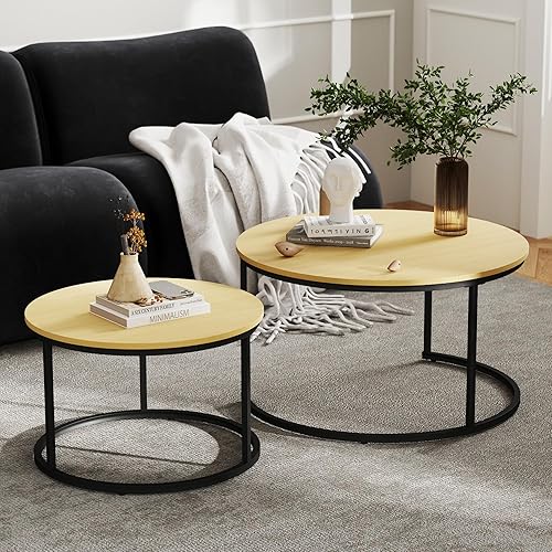 Miniatura 12 de Juego de 2 Mesas Anidadas, Mesa de Café Redonda, Pequeña Mesa de Café Anidada con Patas Ajustables Antideslizantes, Mesas Anidadas con Tapa de Grano