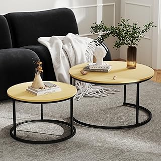 Nesting Tables Set of 2, 31.5" Round Coffee Table, Small Nesting Coffee Table with Adjustable Non-Slip Fee, Wood Grain Top Nesting Tables for Living Room, Bedroom (Wood Grain Light Brown)