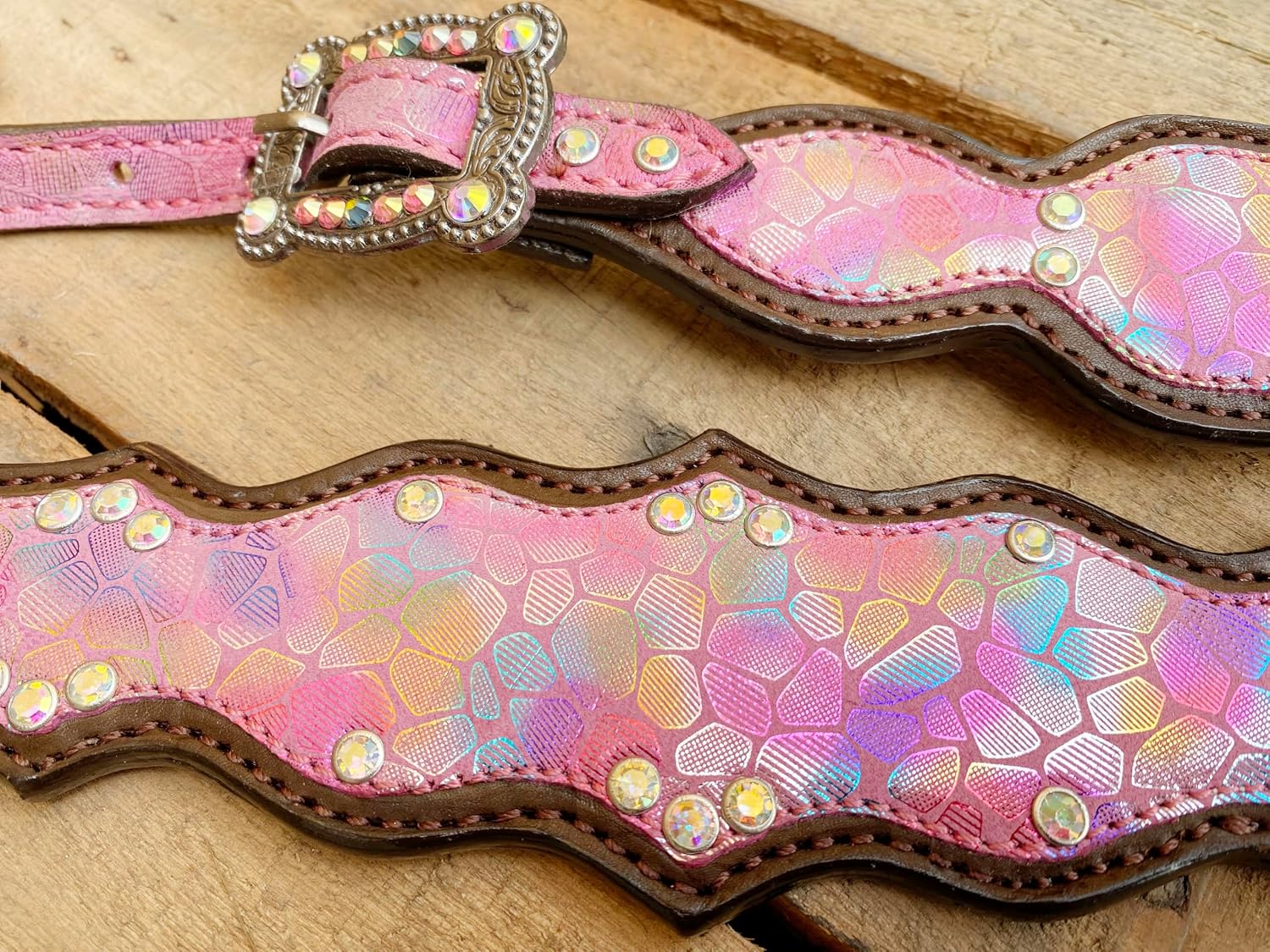 Pink Western One Ear Headstall and Breast Collar Tack Set Argentina Cow Leather - with Matching Stones & Conchos - Perfect Christmas and Valentine's Day Gift for Horse Lovers