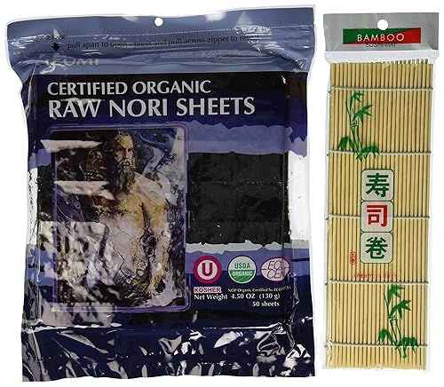 Miniatura 1 de Raw Organic Nori Sheets - Paquete de 50 unidades + alfombrilla enrollable de sushi gratis. Papel de envoltura de sushi vegano, crudo, kosher, sin