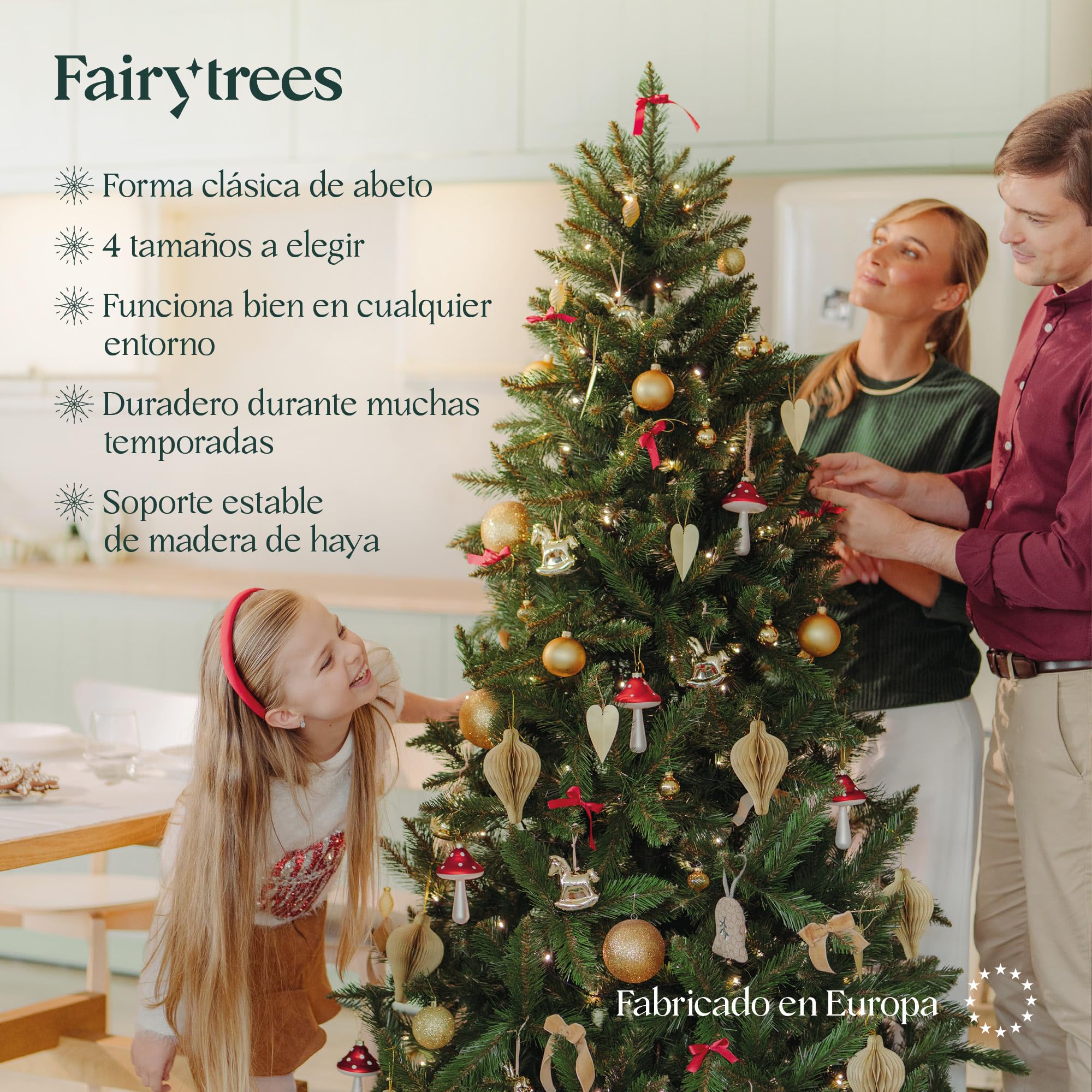 FairyTrees árbol de Navidad Artificial 220cm Abeto Natural con el Soporte de Madera | árbol Artificial con el Tronco Verde | Fabricado en EU