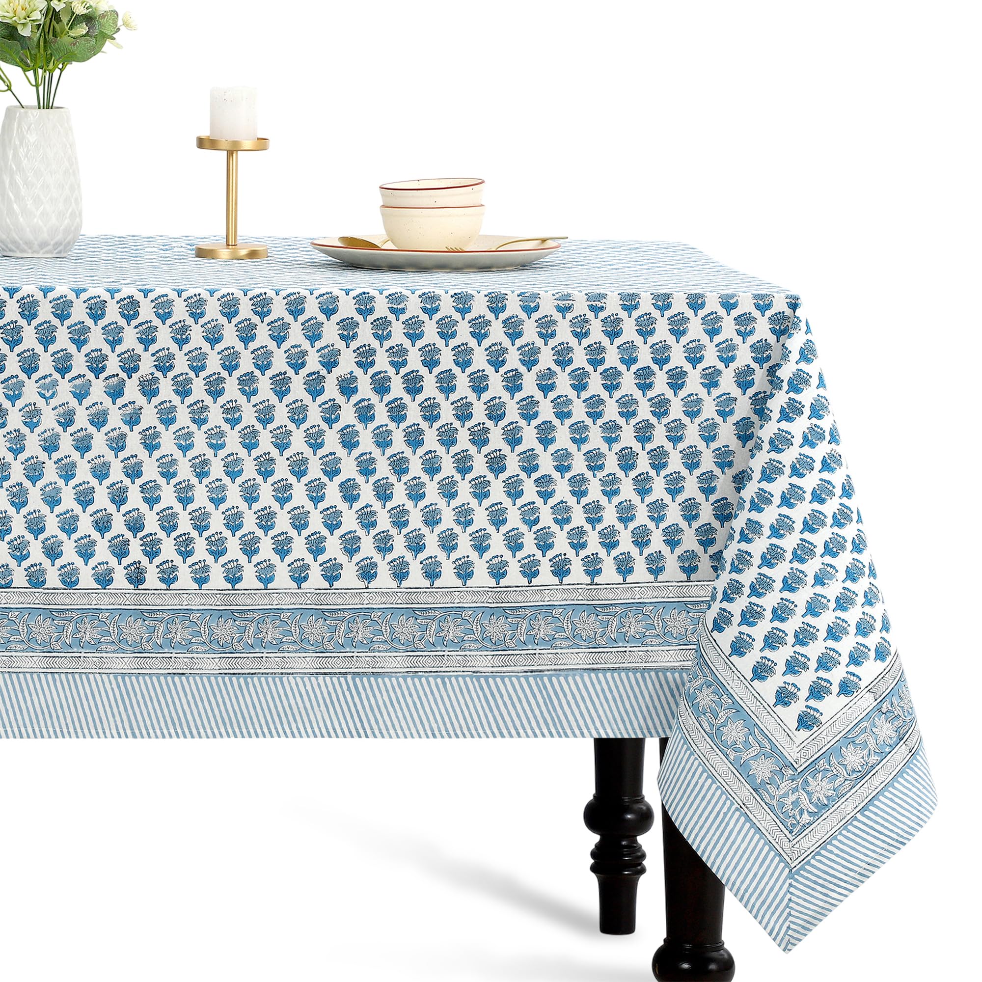 CPC Tablecloth 100% Cotton 60x60 Inch Indian Block Print Square Table Cover, Table Cloth for Weddings, Spring/Summer, Barbeque - Apatite Blue