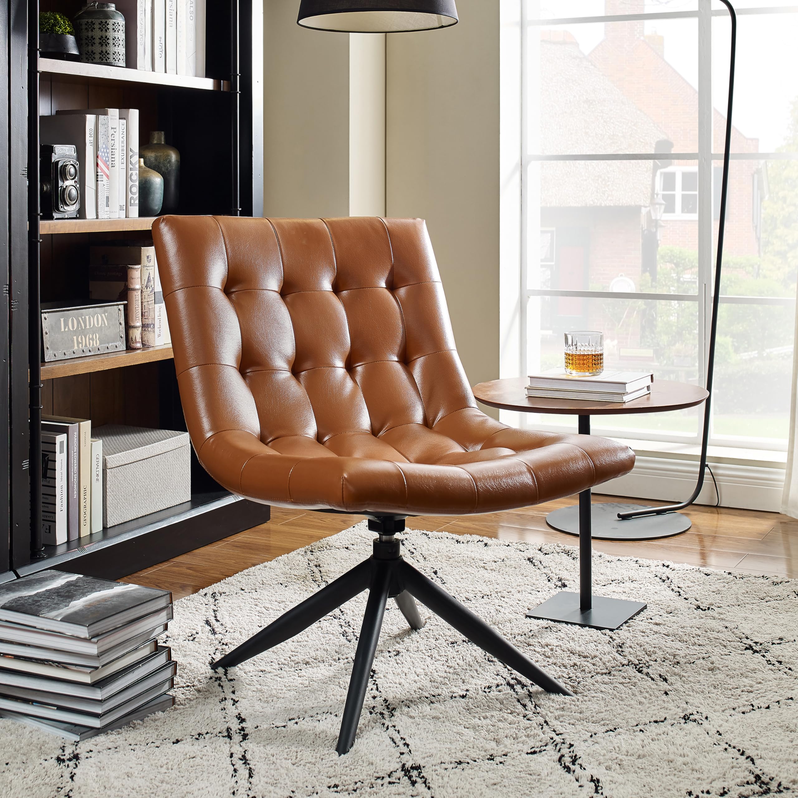 Art Leon Swivel Desk Chair - Modern Faux Leather Desk Chair No Wheels, Armless Task Chair for Home Office, Brown