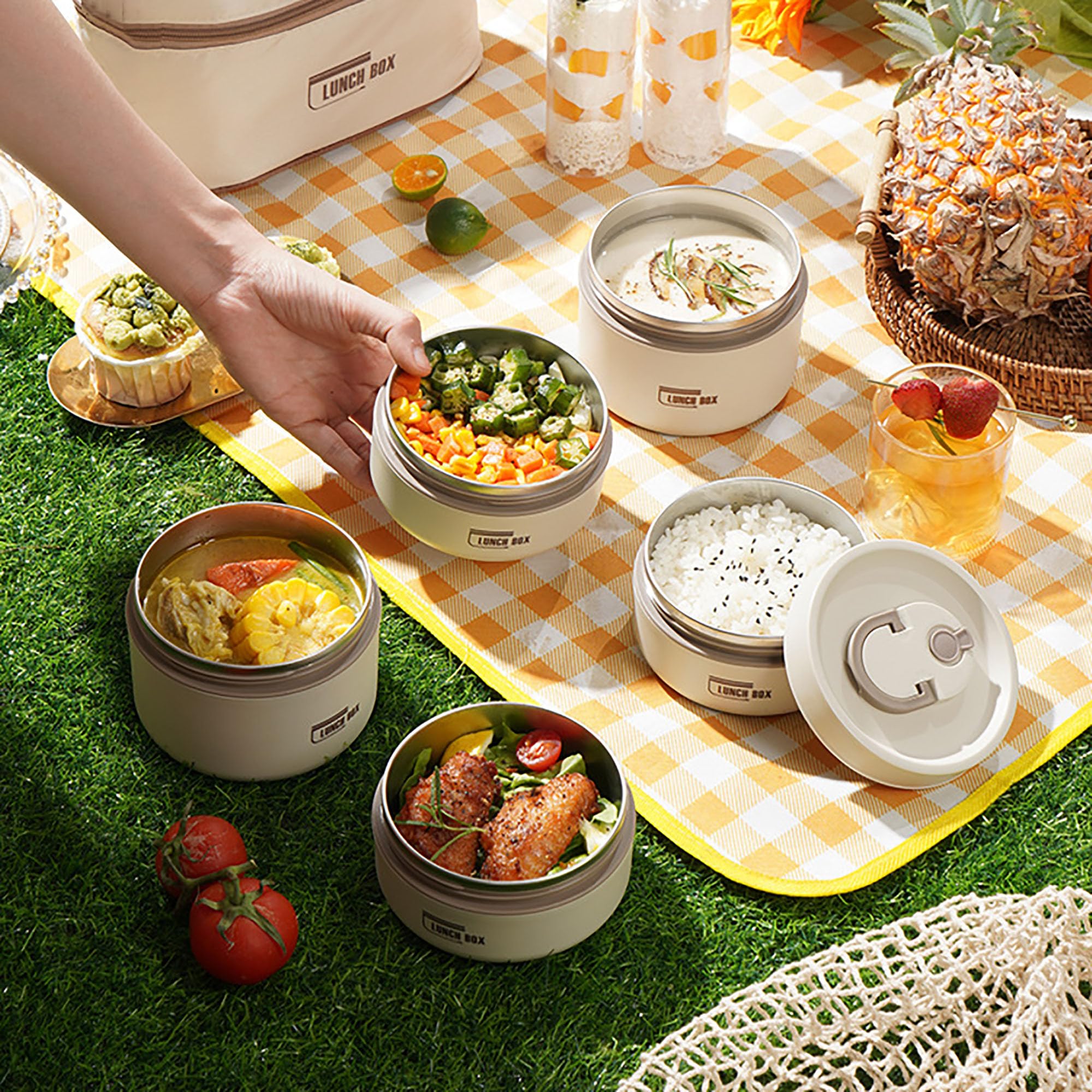 Edelstahl Thermo Lunchbox mit Tasche,Thermobehälter Für Essen, separate stapelbare Behälter Bento Box Auslaufsicher Essen Warmhalten Behälter für Zuhause,Büro,Picknick,Blue-4 pieces
