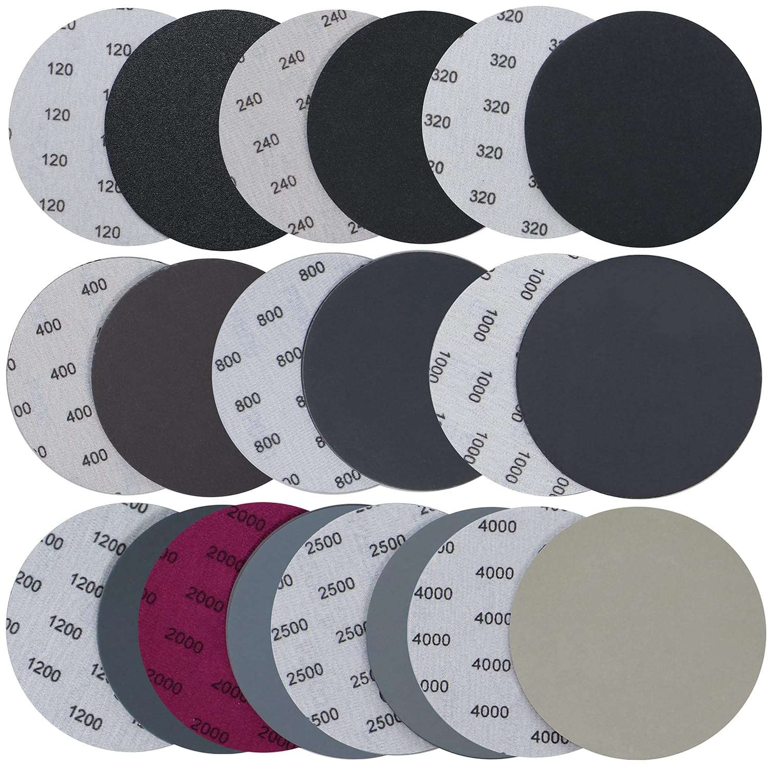 Aewio 30PCS 5 inch No Hole #240-#3000 Wet Dry Sanding Discs 240 320 400 600 800 1000 1200 1500 2000 3000 Grit Sandpaper Compatible for Random Orbital Sanders (#240-#3000 10Kind Grit Each 3PCS) - - 