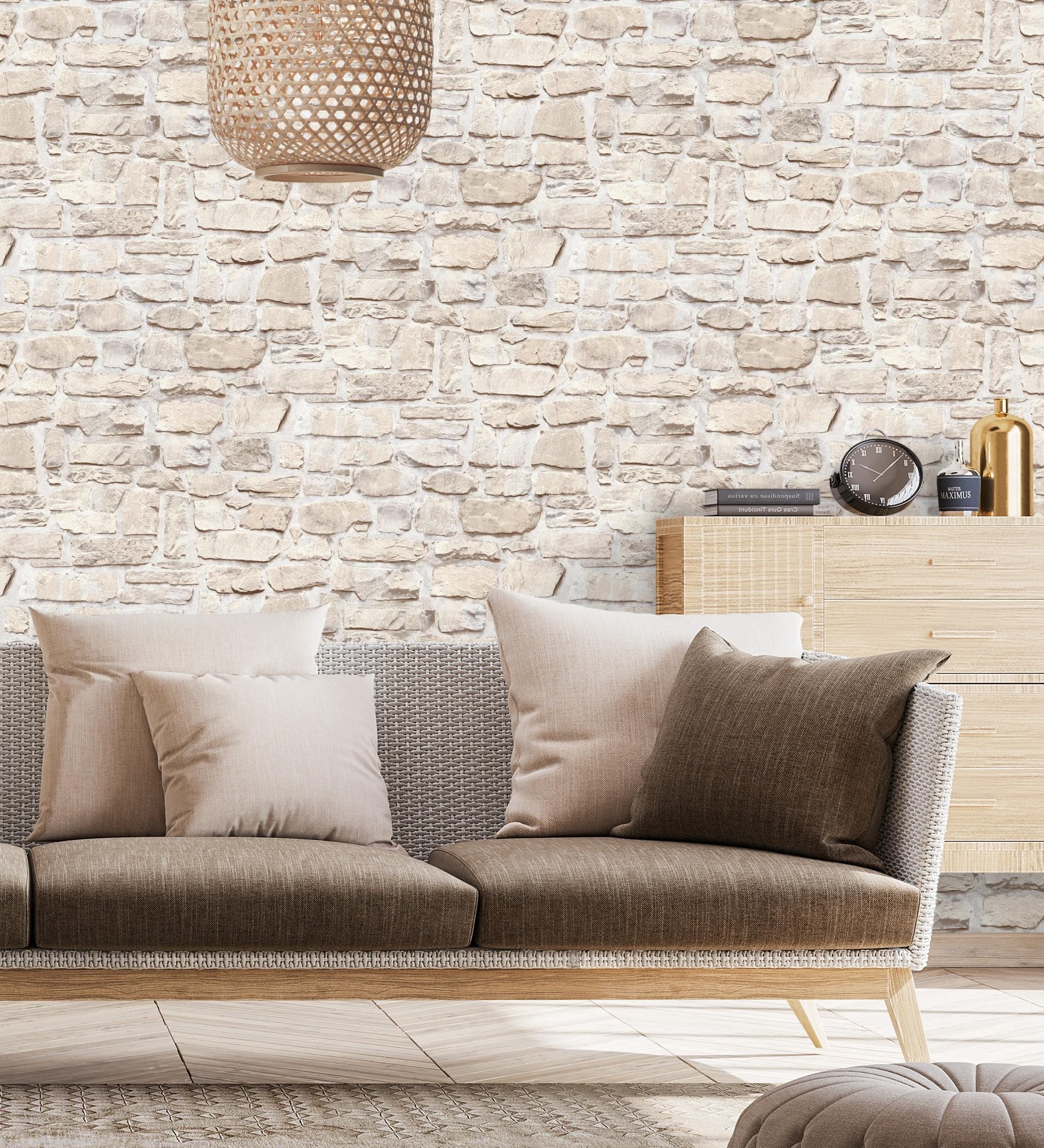 GAULAN 683255 - Papel pintado vinílico imitación muro de piedra rústica tonos beige con textura en relieve para pared salón cocina dormitorio pasillo - Rollo de 10 m x 0,53 m