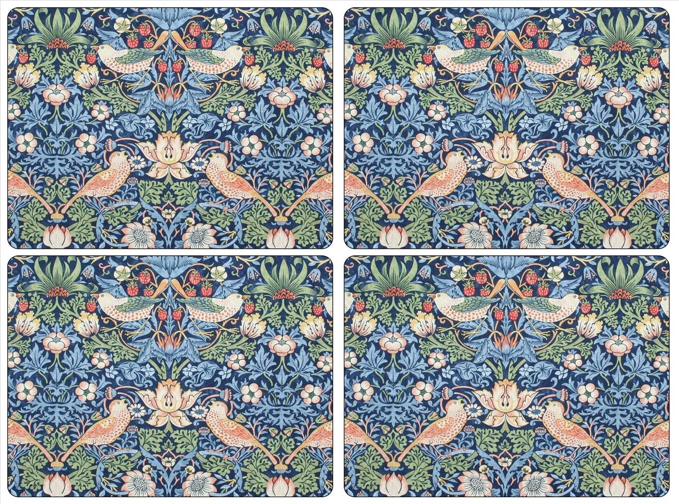 Pimpernel Morris & Co Strawberry Thief Blue Placemats, Set of 4 - Stain Resistant & Heat Safe Fabric-Feel Table Mats with Birds & Botanical Pattern for Stylish Dining & Entertaining