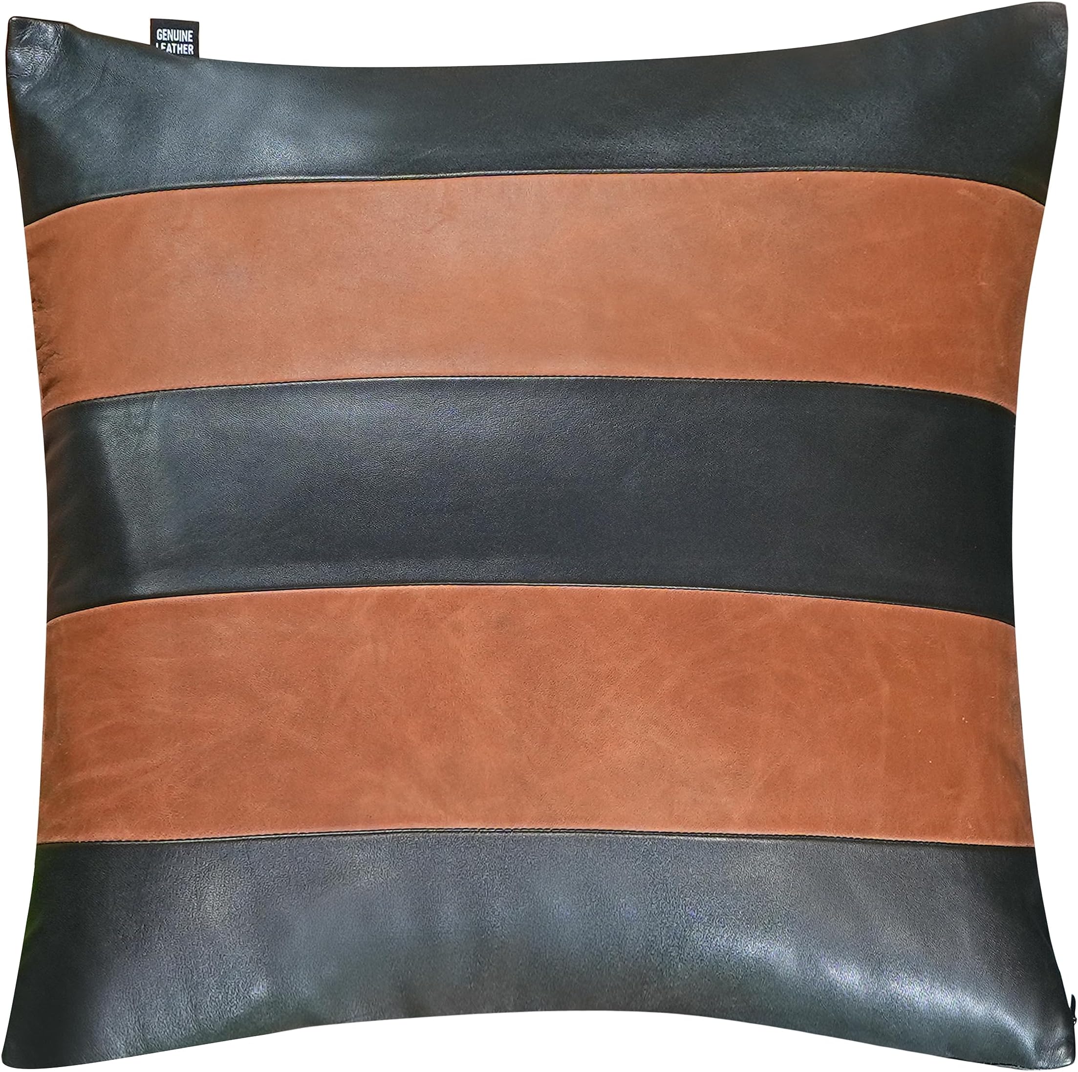 TOMJACK Lambskin Leather Pillow Cover - Decorative Sofa Cushion Case - Throw Covers for Living Room & Bedroom, 18" x 18" - Black & Tan Crunch Pack of 1