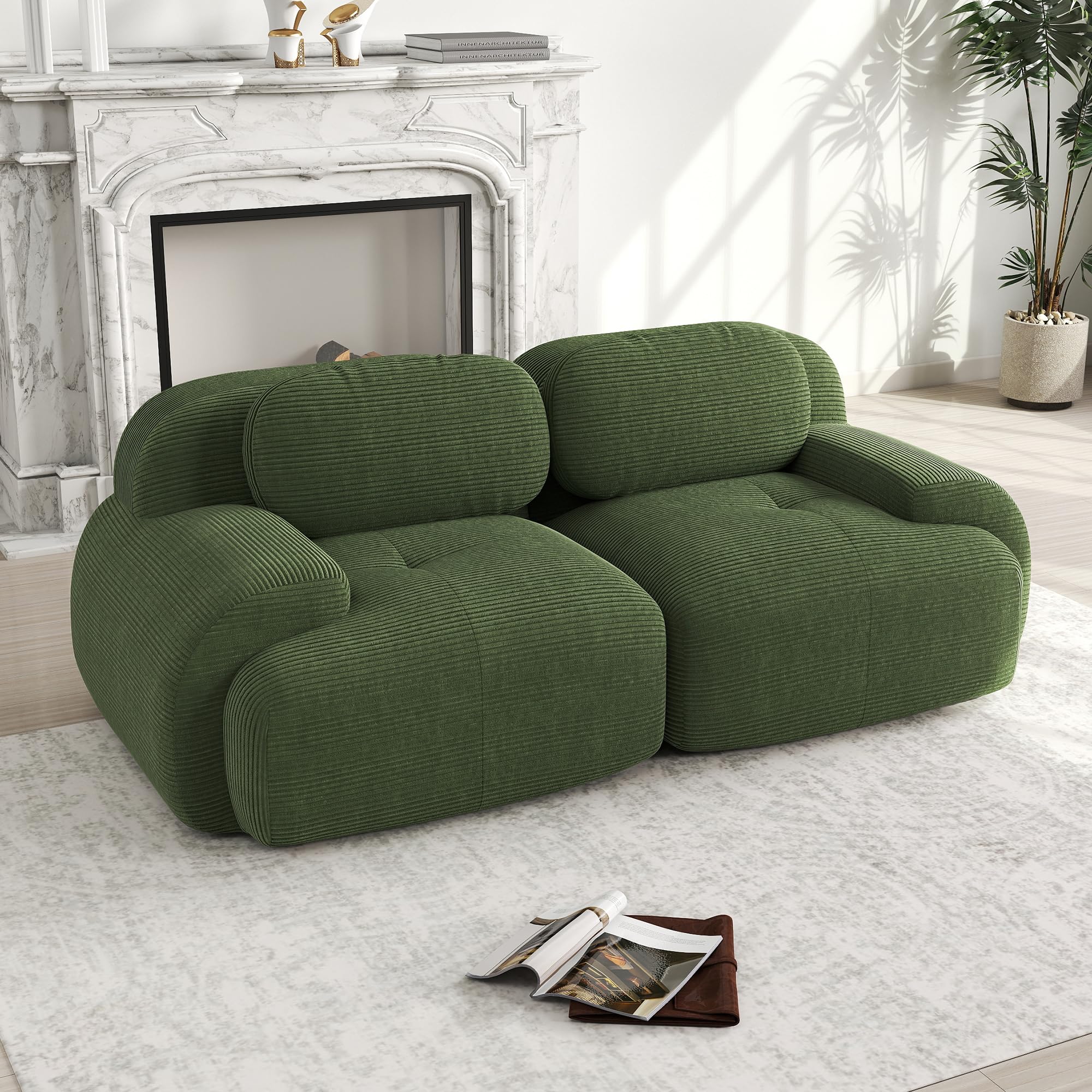 Divano a Due Posti in Velluto a Coste da 82", Componibile Modulare Sofà con Braccioli Curvati e Base Antiscivolo, Rivestimento Altamente Elastico per Soggiorno, Camera da letto e Home Theater, Verde