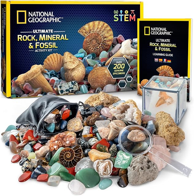 National Geographic Rocks & Fossils Kit - 200+ Piece Set Including Geodes, Real Fossils, Rose Quartz, Jasper, Aventurine & More Rocks, Crystals & Gemstones