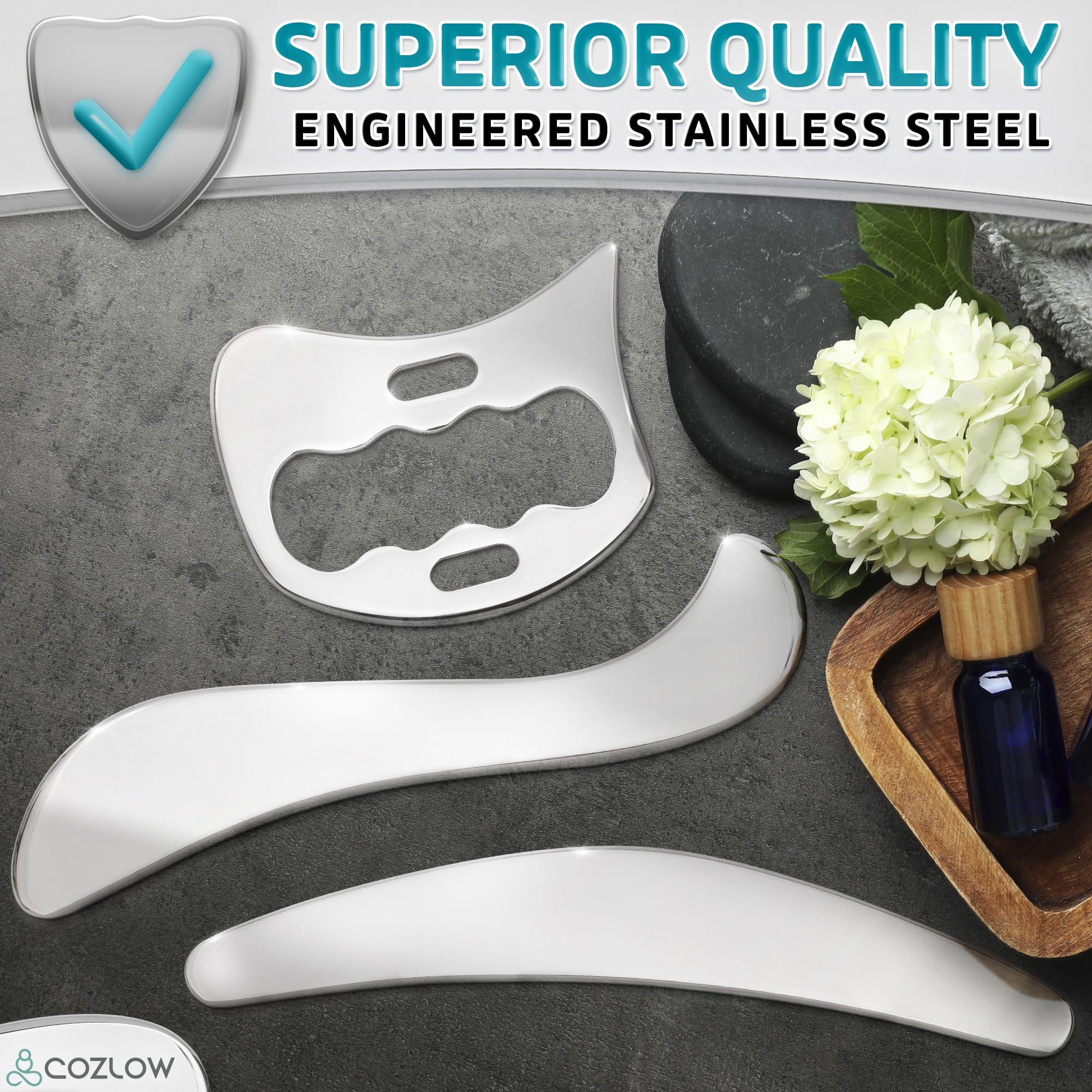 Cozlow 3 in 1 Stainless Steel Muscle Scraper Tool Set for IASTM Therapy Gua Sha