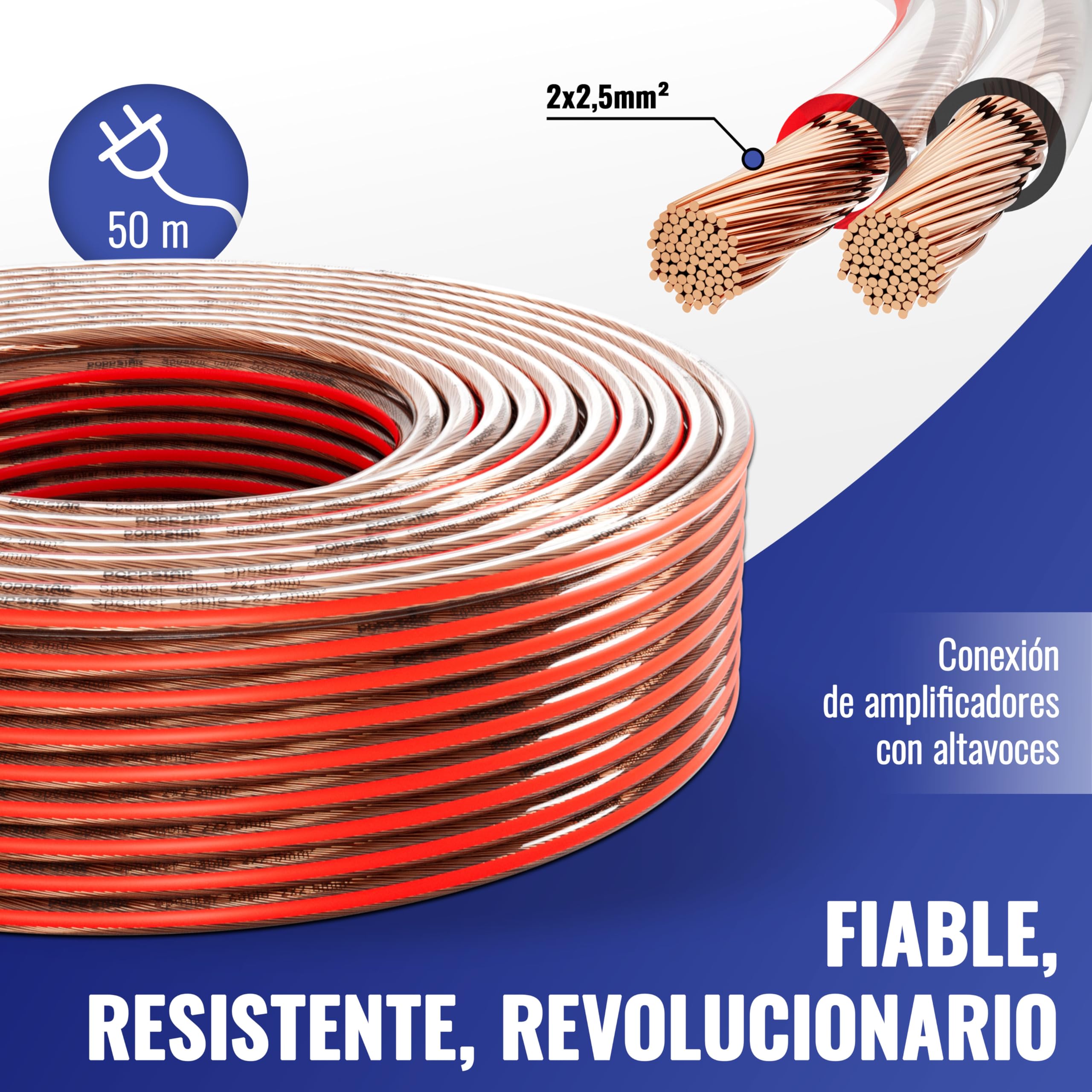 Poppstar Cable para altavoces de 50 m, 2 x 2,5 mm² (conductor interno de cobre puro OFC 99,99%, revestimiento de PVC transparente)