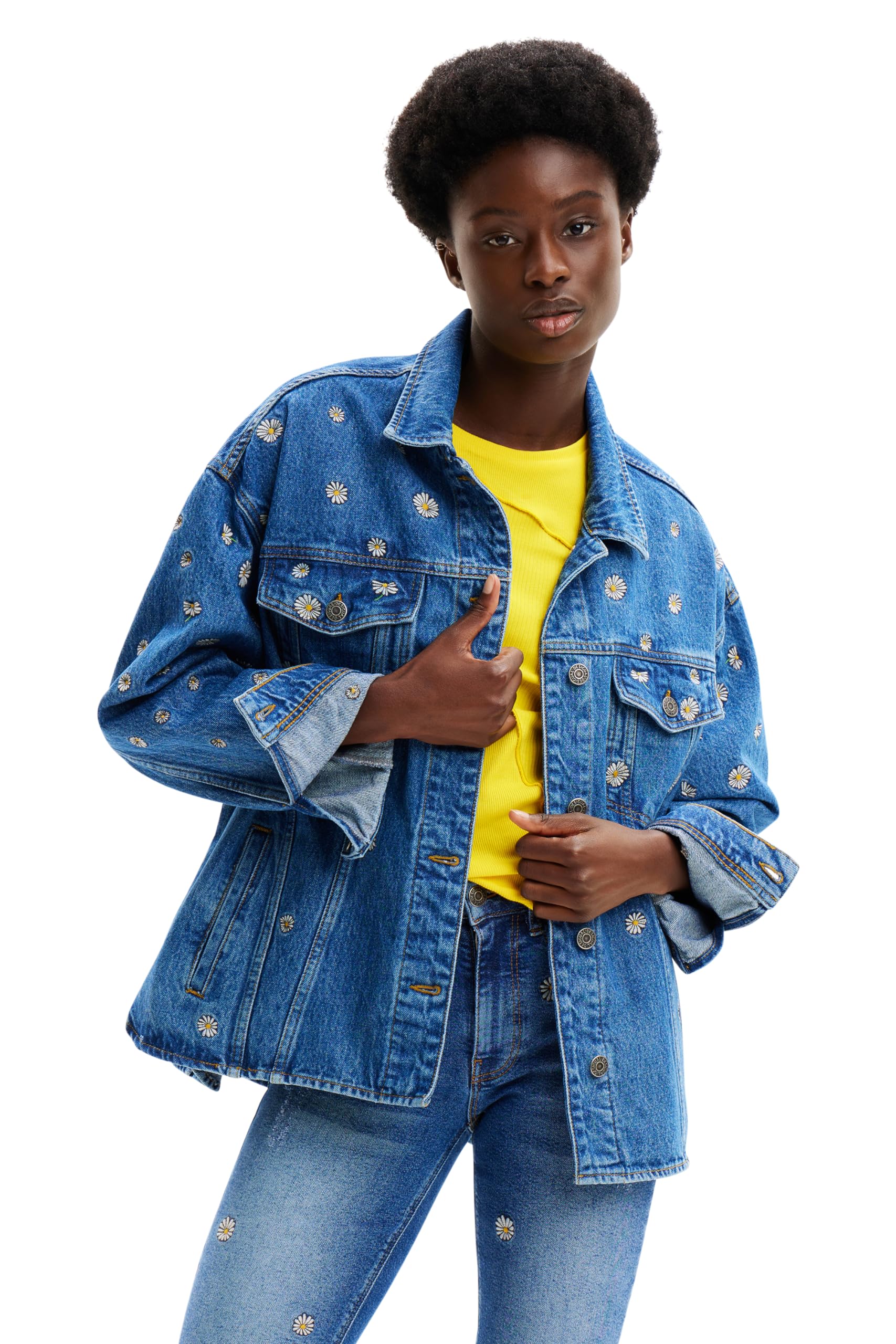 Desigual Women's Blue Chaq_flowers Woman Denim Trucker Jacket, M