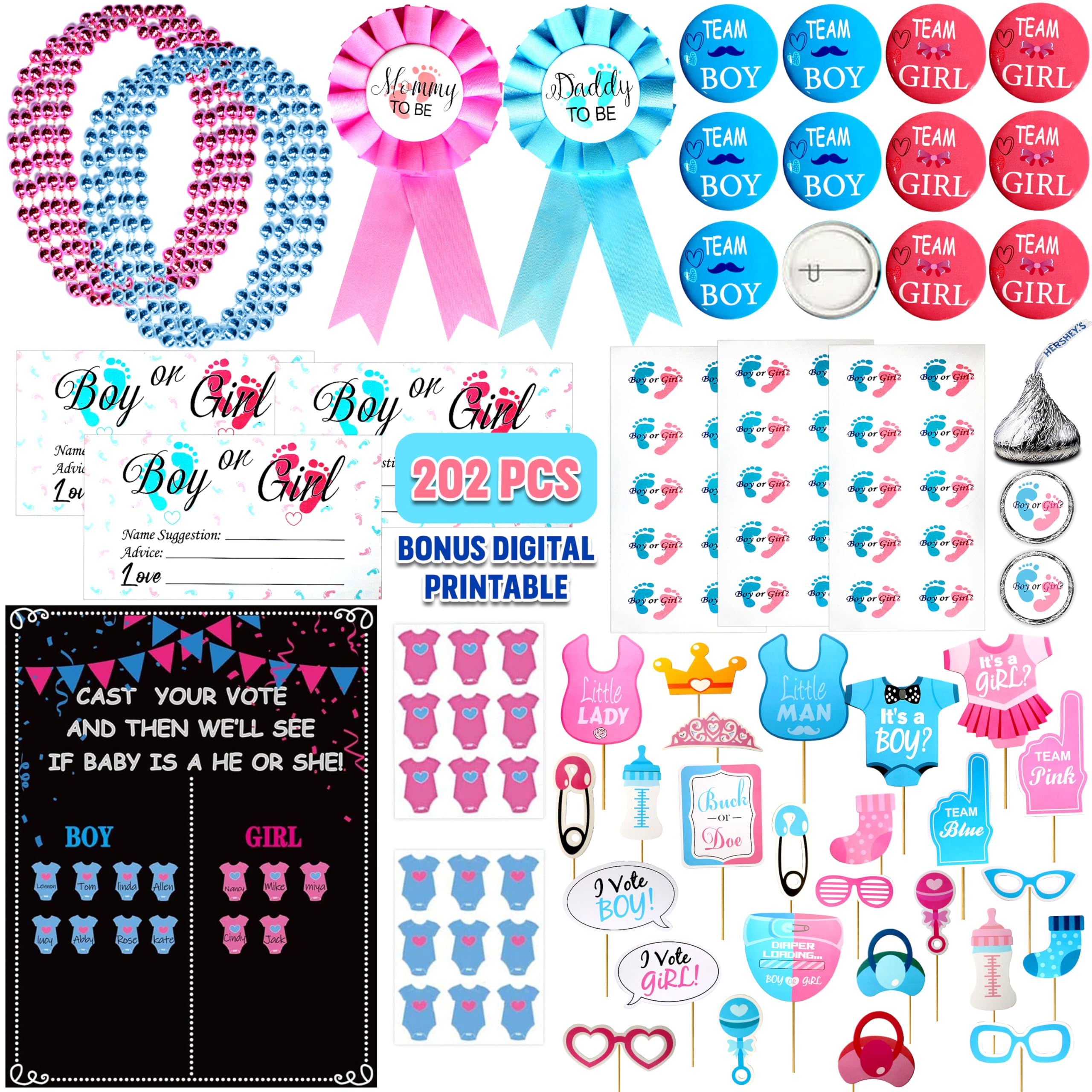 202 Pcs Baby Gender Reveal Party Supplies Favors Boy or Girl Pink and Blue Name Suggestion Card Button Pin Mini Candy Stickers Photo Props Games Voting Stickers