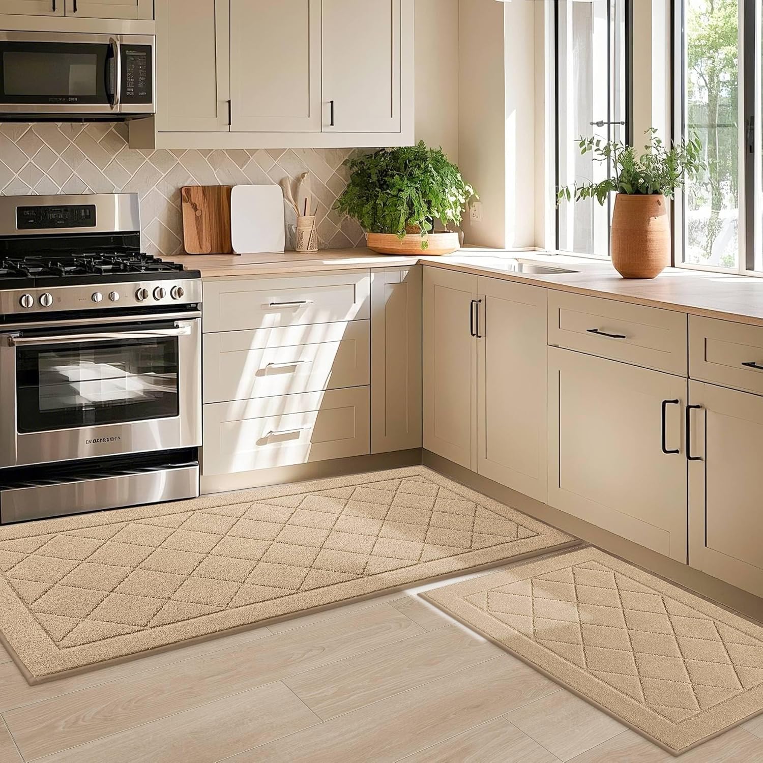 JSEI Non-Slip Kitchen Rugs, Self Adhesive No Sliding Kitchen Mats Set of 2, Soft Washable Absorbent Floor Mat for Kitchen, Bathroom, Laundry Room, Bedroom, 24x36+24x60, Beige, Diamond Pattern