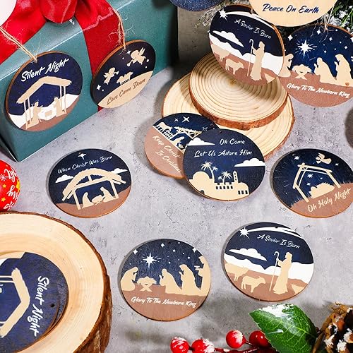 Miniatura 7 de Soaoo 36 adornos de pesebre a granel para árbol de Navidad, adornos de madera para belén, adornos redondos a granel, decoraciones colgantes para