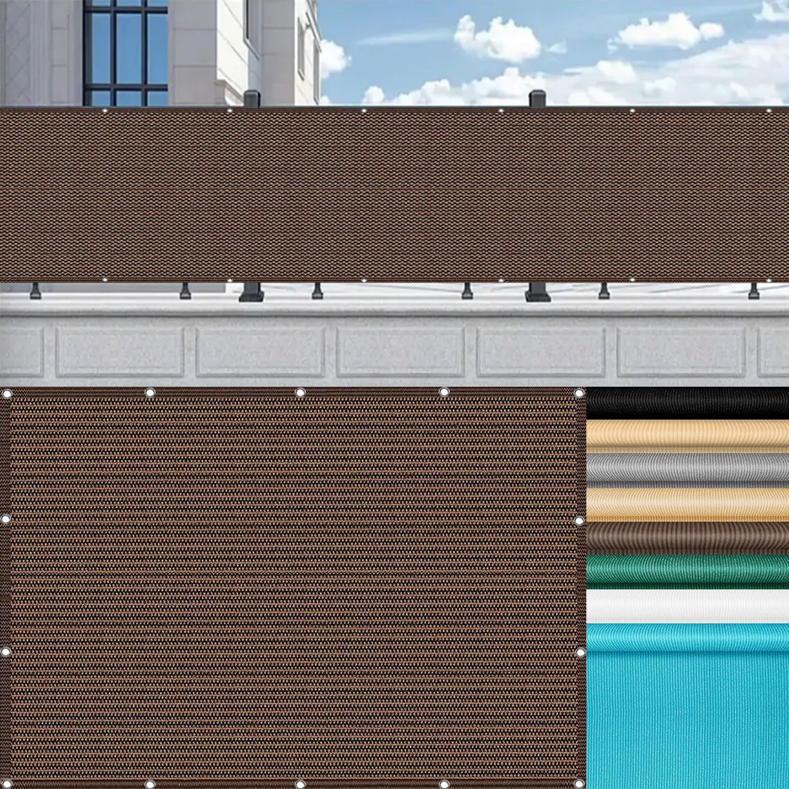 Osłona balkonowa, 65 x 250 cm, odporna na prywatność, parawan balkonowy z oczkami, liny i opaską kablową, do ogrodu, na taras, brązowa