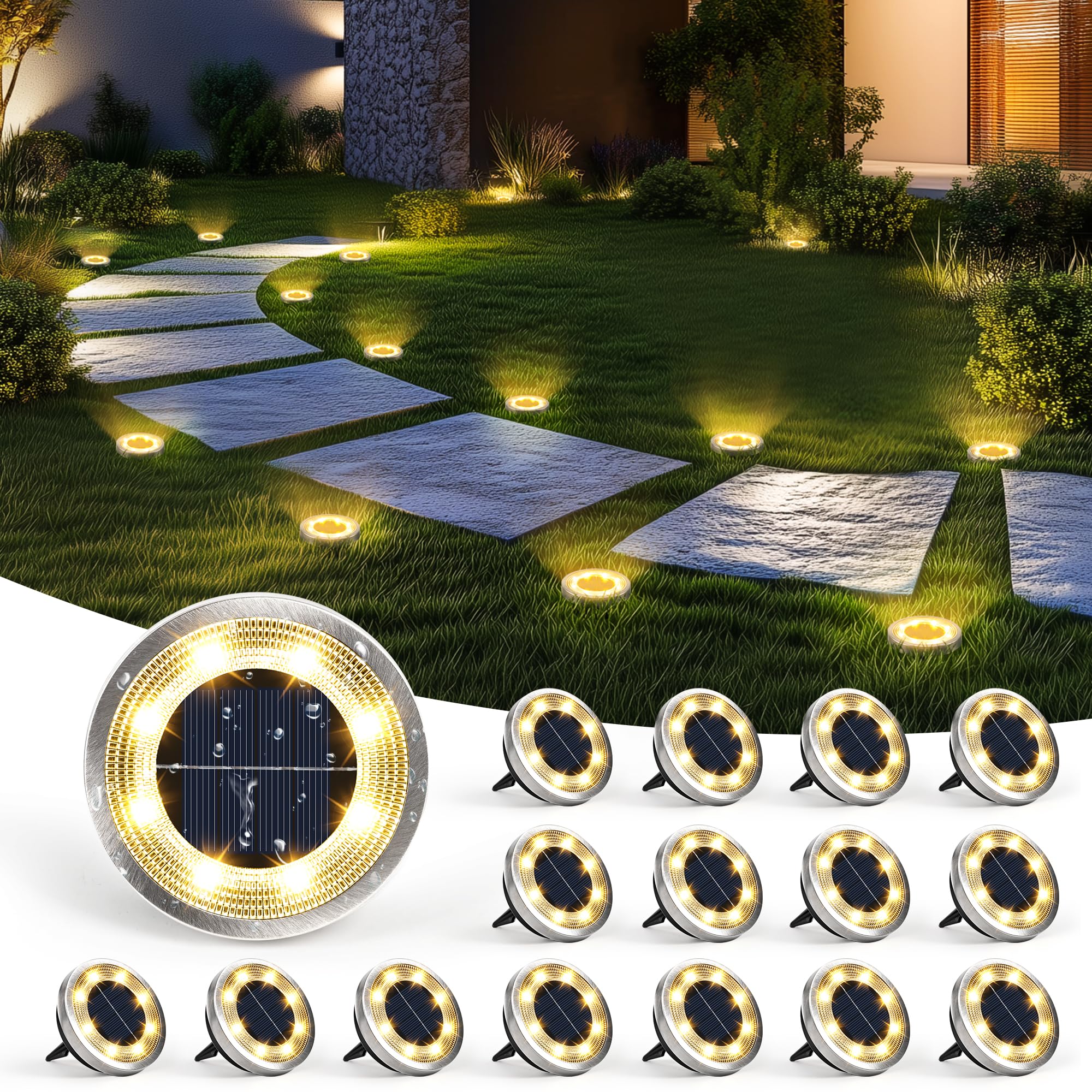 Solpex 16 Stück Solar Bodenleuchten Aussen, 8 LEDS Solarlampen für Außen Garten, Wasserdichte Solarleuchten Garten, LED Solar Solarleuchten für Aussen, Hof, Terrasse und Wege(Warmweiß)