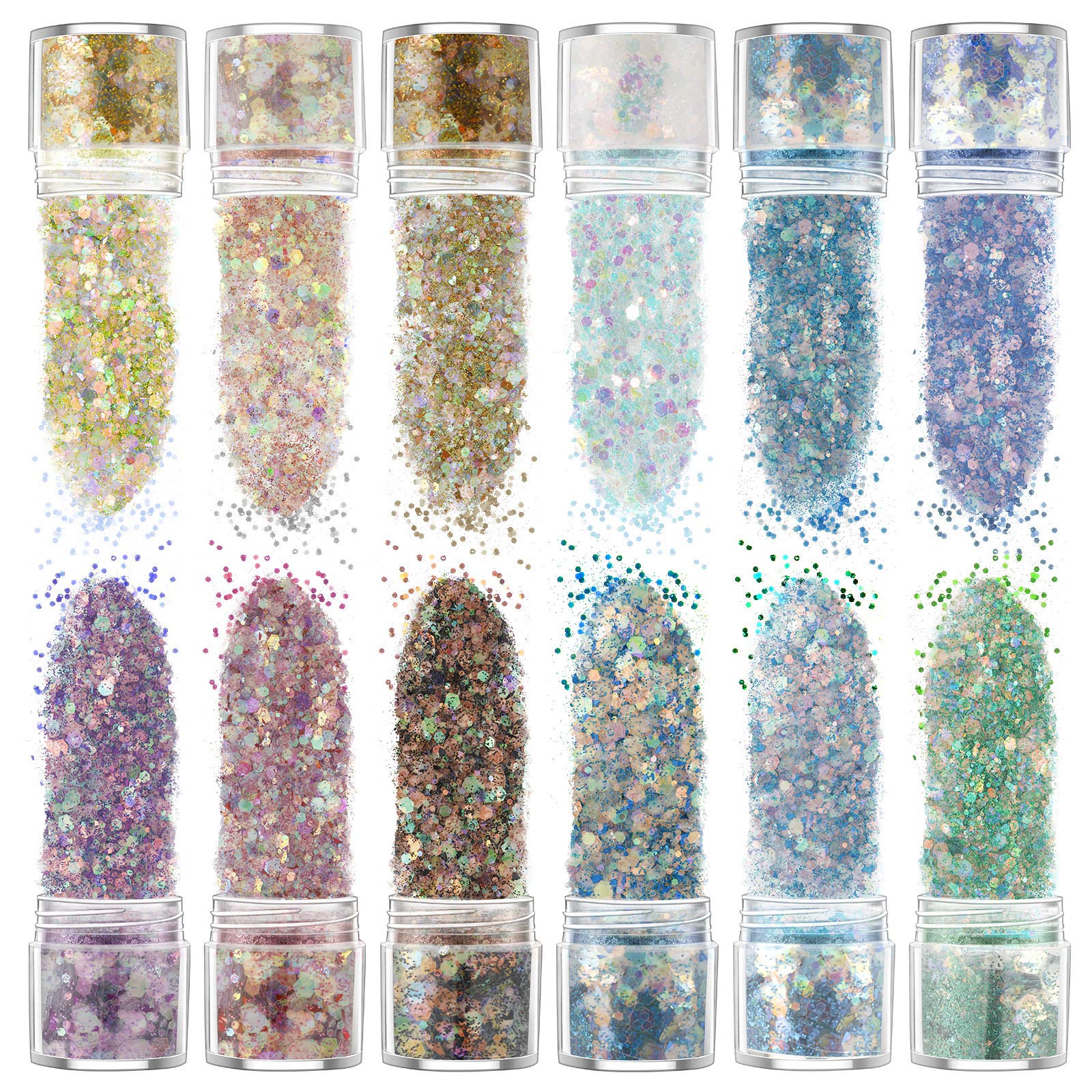 12 Colors Holographic Chunky Glitter Sequin Chunky Glitter Nail Sequin Face Eye Hair Nail Festival Sequin Cosmetic Festival Glitter Craft Glitter Nail Decor for Face Hair Nail Art Design, Each 0.35 oz