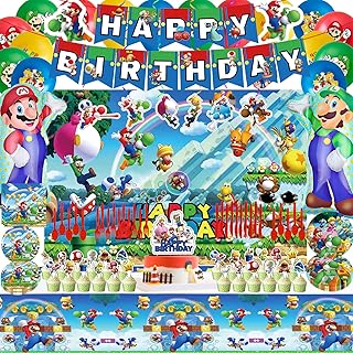 Mario Birthday Party Supplies Birthday Decorations Party Decorations Include Backdrop, Tablecloth, Birthday Banners, Cake Decoration, Cupcake Toppers, Latex Balloons, Hanging Swirls, Tableware Set, Aluminum foil balloon