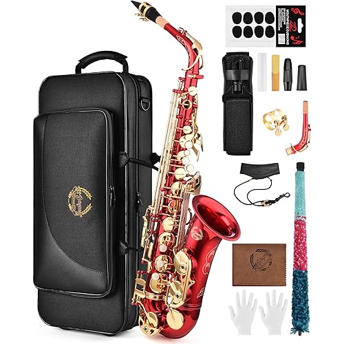 Leo Jaymz Eb Alto Saxophone - One-Piece Body & Neck Construction, H68 Brass, with Thickened Travel Bag - Complete Beginner to Professional Kite (Red)