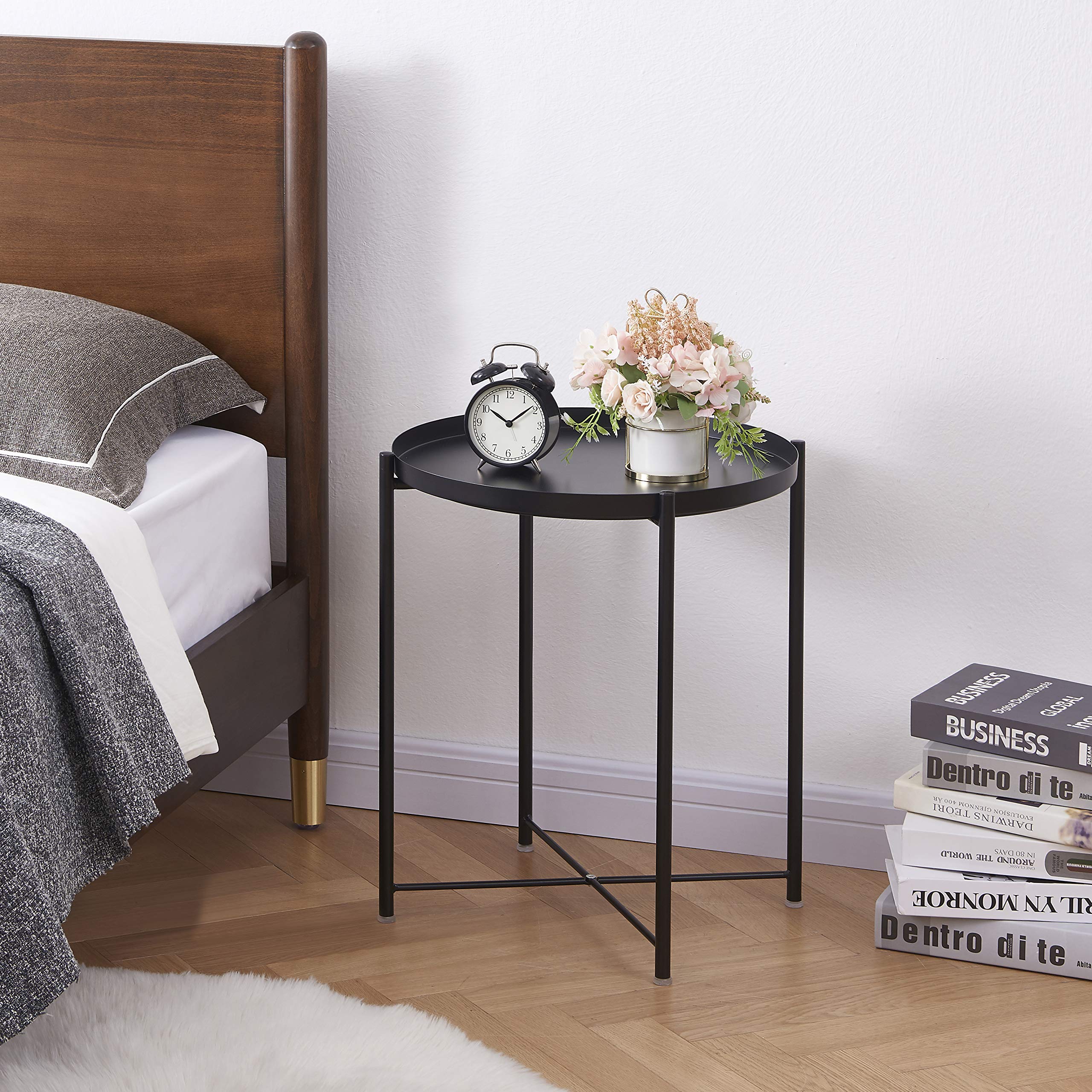 OVICAR Metal Tray End Table, Round Accent Coffee Side Table, Anti-Rust and Waterproof Outdoor Small Side Table, Indoor Modern Sofa Side Table Bedside Table for Living Room Bedroom Balcony (Black)