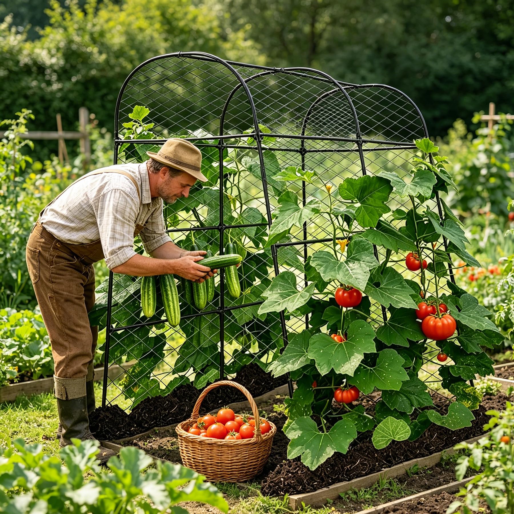 Treillis pour Concombres et Tomates 124 x 220 cm, Support pour Plantes Grimpantes avec Filet et Pinces, Tuteur en Métal Extérieur pour Légumes, Fleurs et Plantes Fruitières