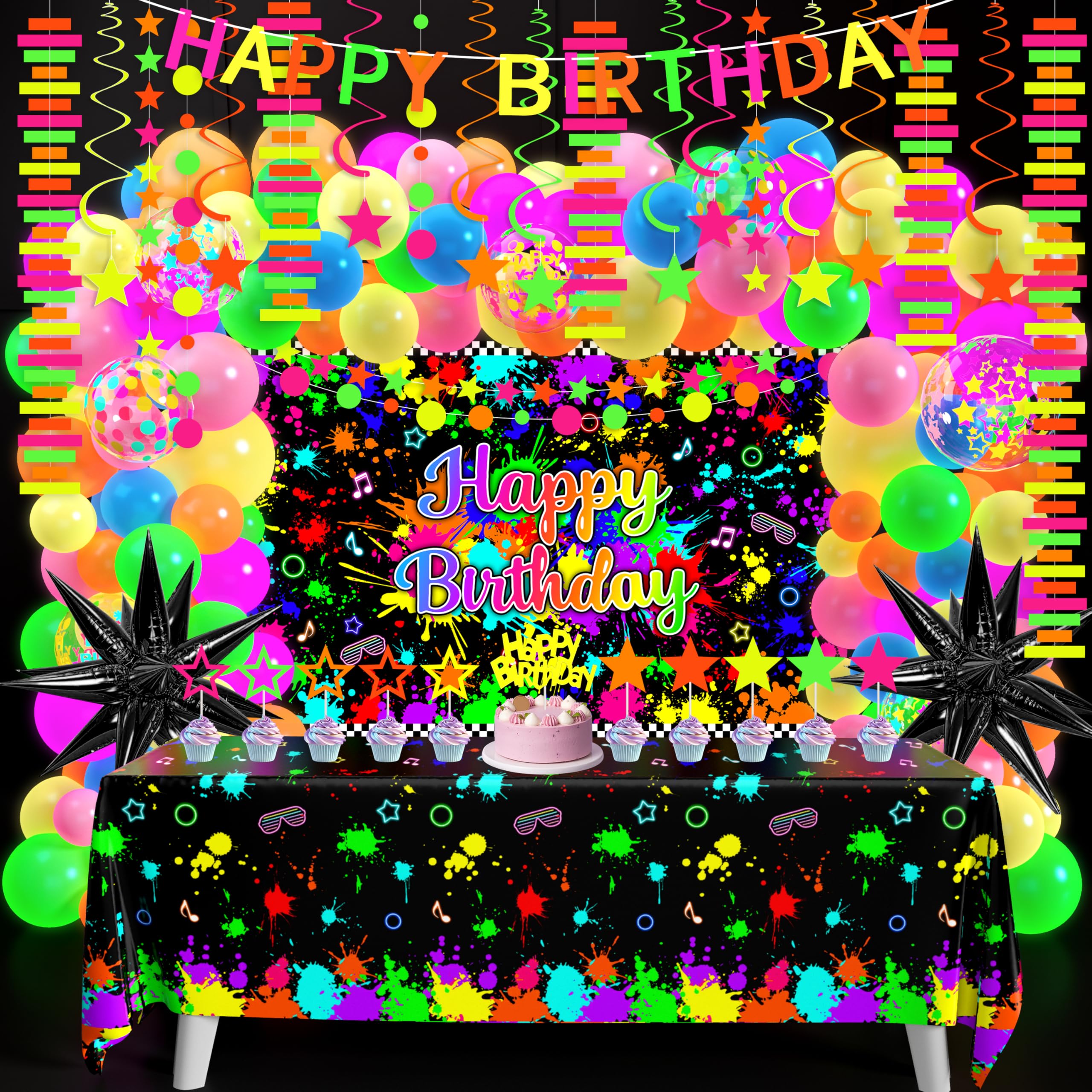Neon Birthday Party Decoration Glow in The Dark Party Supplies Happy Birthday Backdrop Banner Neon Fluorescent Balloons Garland Arch Star Hanging Swirl Black Light Reactive Glow Tape Neon Streamer