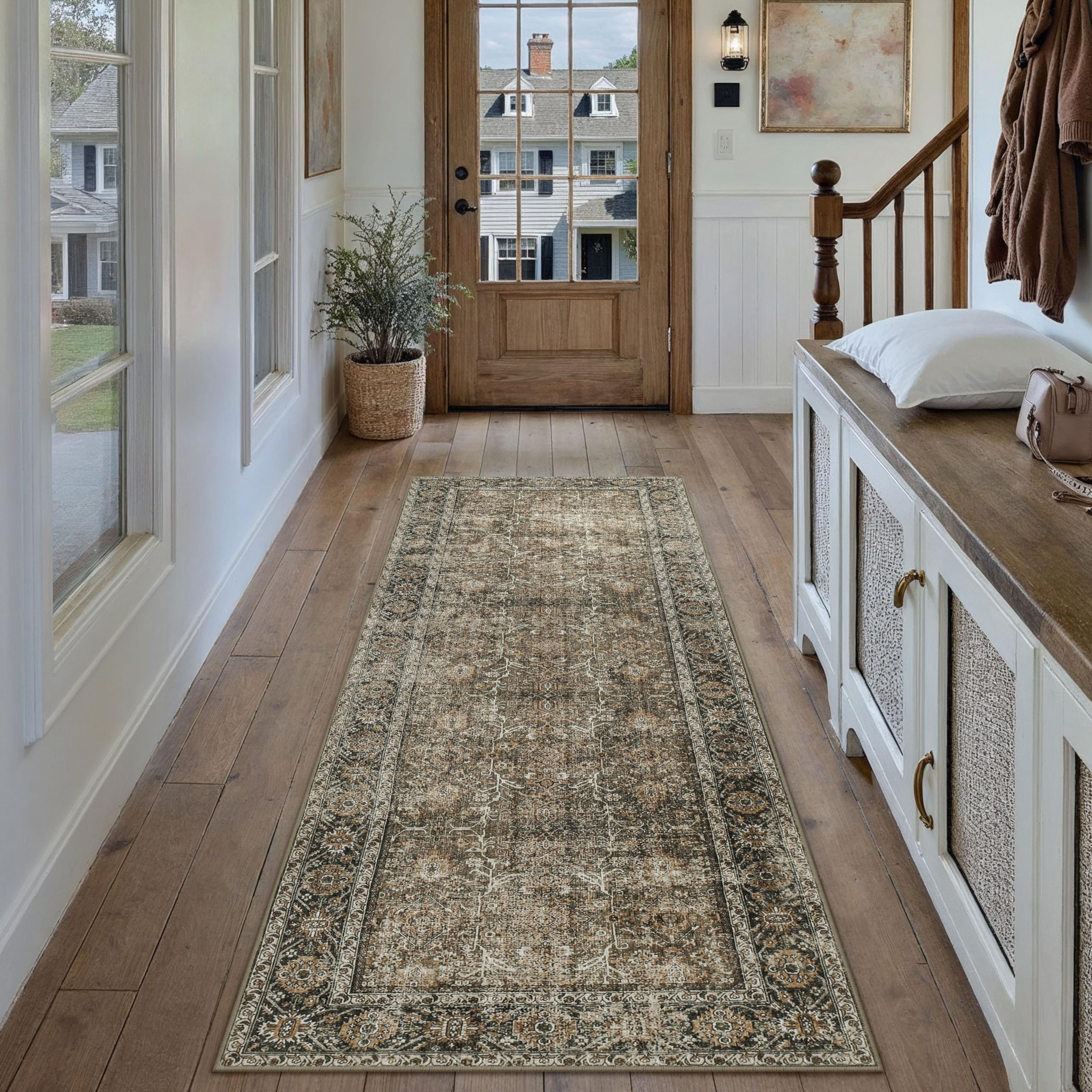 Brown Runner Rug 2x5 Vintage Area Carpet Hallway Indoor Kitchen Washable Living Room Low Pile Traditional Distressed Retro Accent Throw Rug Non Slip for Laundry Bathroom Office Dining Room