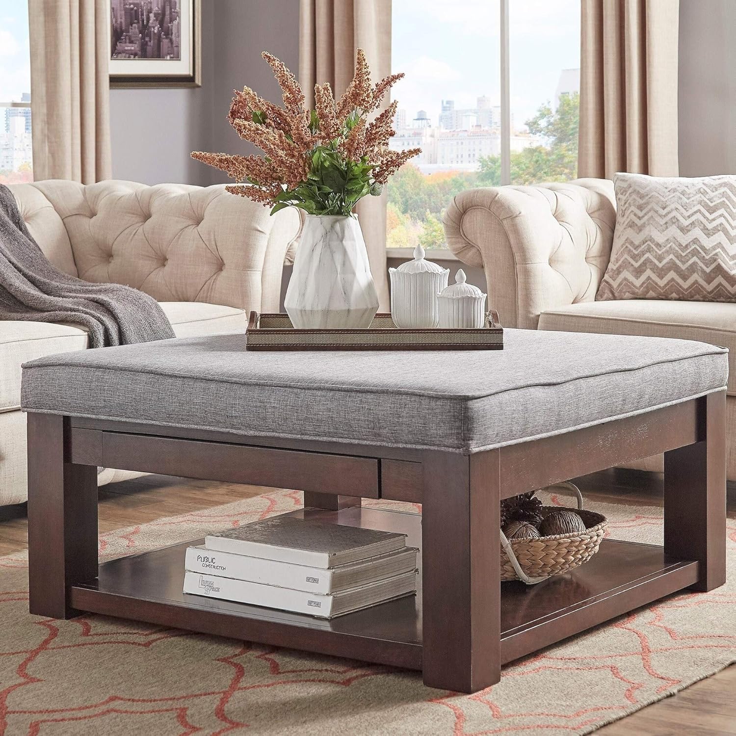 Inspire Q Lennon Espresso Square Storage Cocktail Ottoman