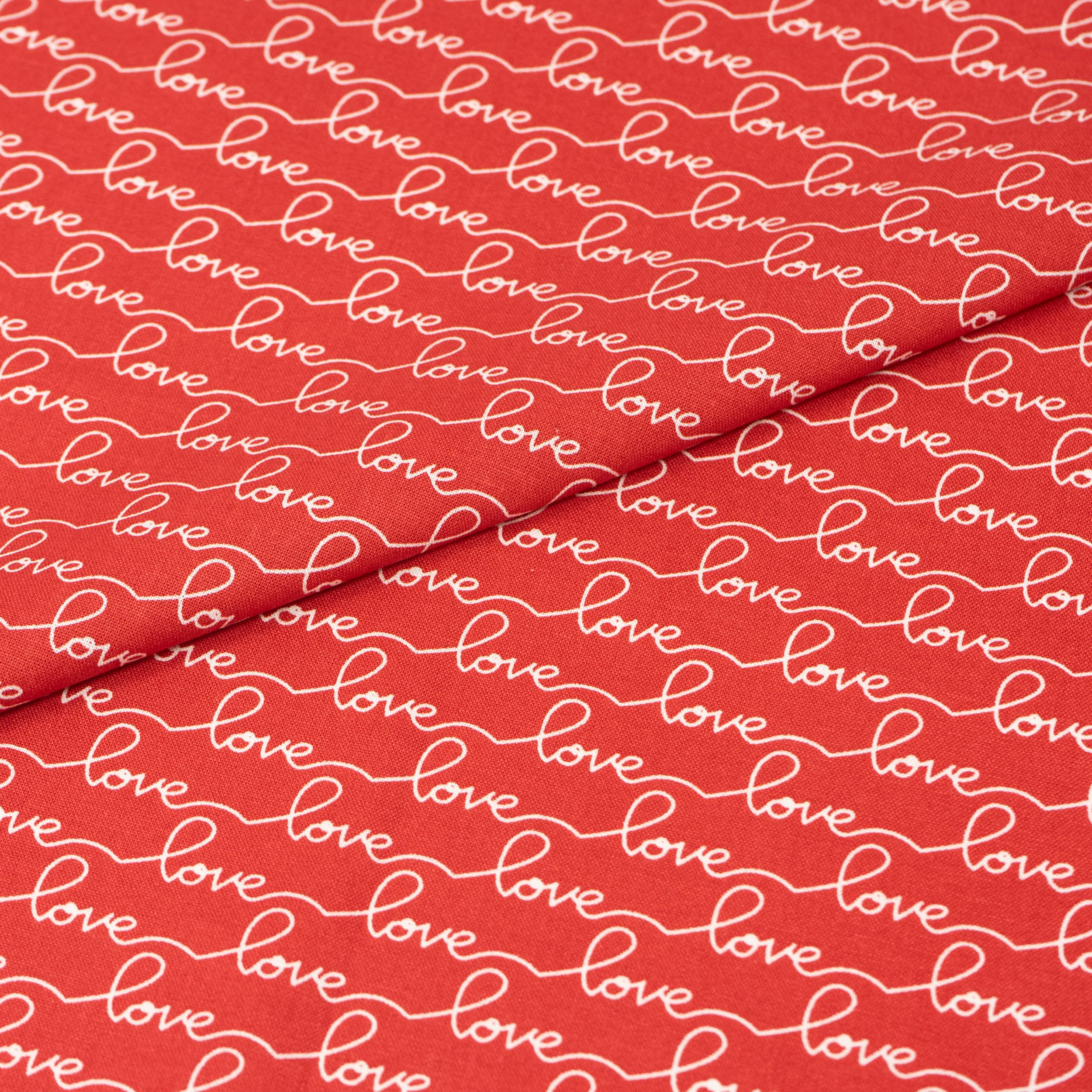 Singer, 100% Cotton, Love Script On Red, Cut by Yard