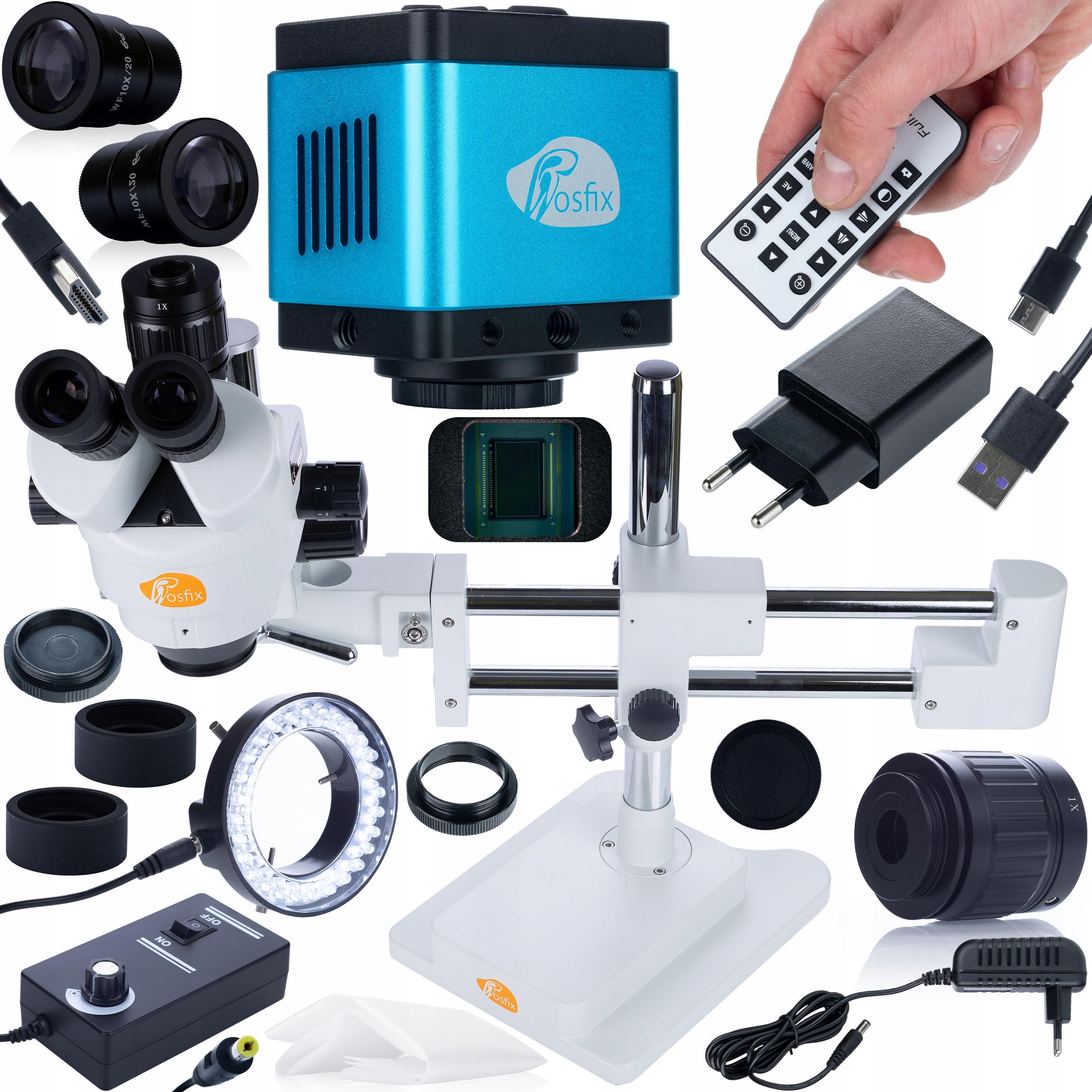 Microscopio estereoscópico Jupiter Pro MSJP-T-SDMS1 Set – Cabeza trinocular 7x-45x, rotación de 360°, larga distancia de trabajo | Cámara microscópica Acuario PRO HDMI USB-C de 8,29 MP | 144 LED