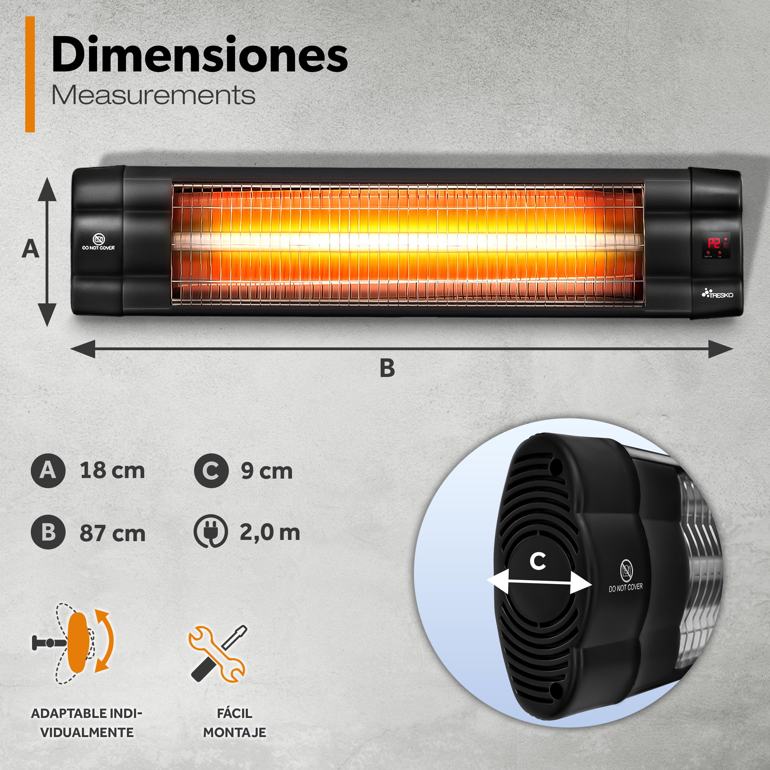 TRESKO Calefactor por Infrarrojos para Terraza | 2500W + Control Remoto | Estufa Radiante de Pared 3 Temperaturas | Radiador Eléctrico para Exterior e Interior | Calentador de Cuarzo con Pantalla LED