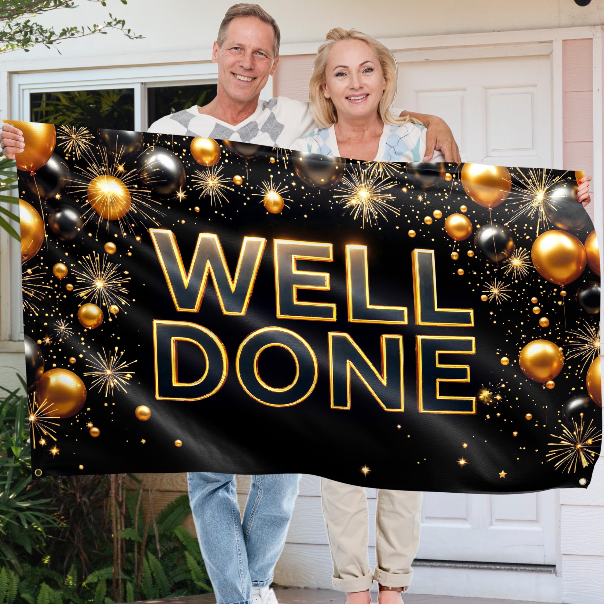 Congratulations Banner - Graduation Decorations 5ft x 3ft - Well Done Banner - We are so Proud of You - You Did It (Black & Gold) - Image 4