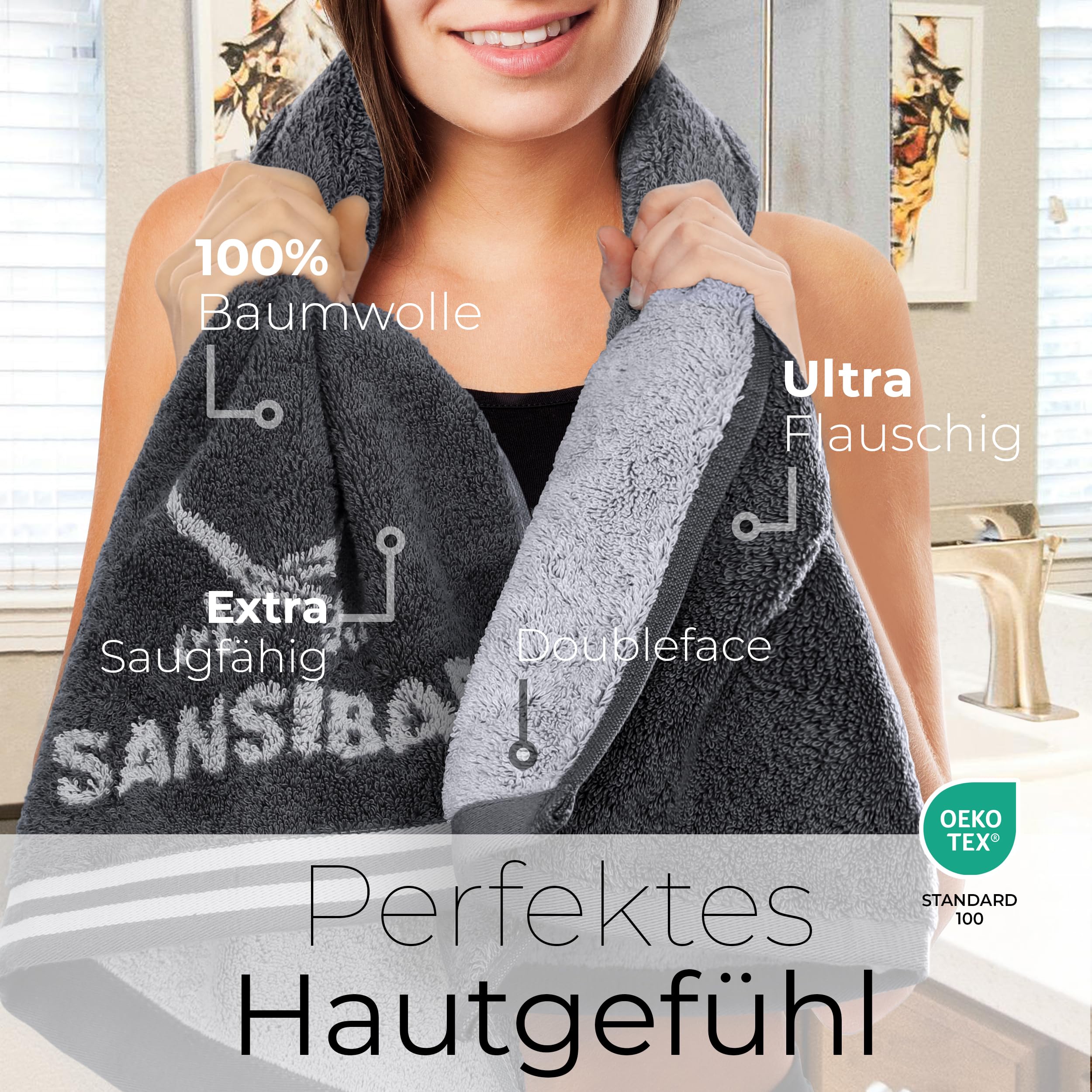 Sansibar Handtuch 4er Set 50x100 cm 100% Baumwolle Doubleface Frottiertuch gestreifte Borde Zweifarbig Anthrazit/Silber