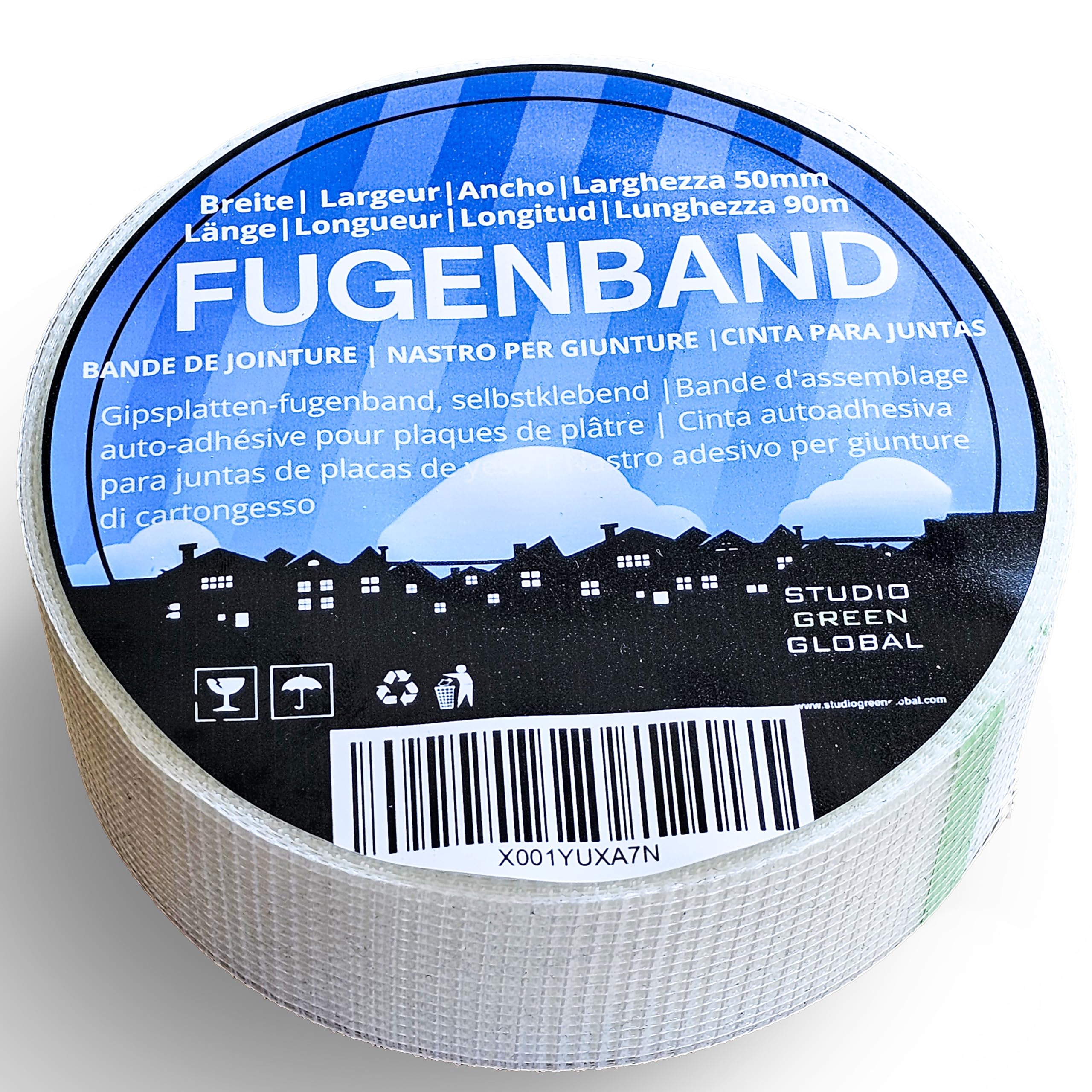 Selbstklebendes Fugendeckband, 50 mm x 90 m, als Bewehrungsstreifen zum Verfugen von Gipskartonplatten.