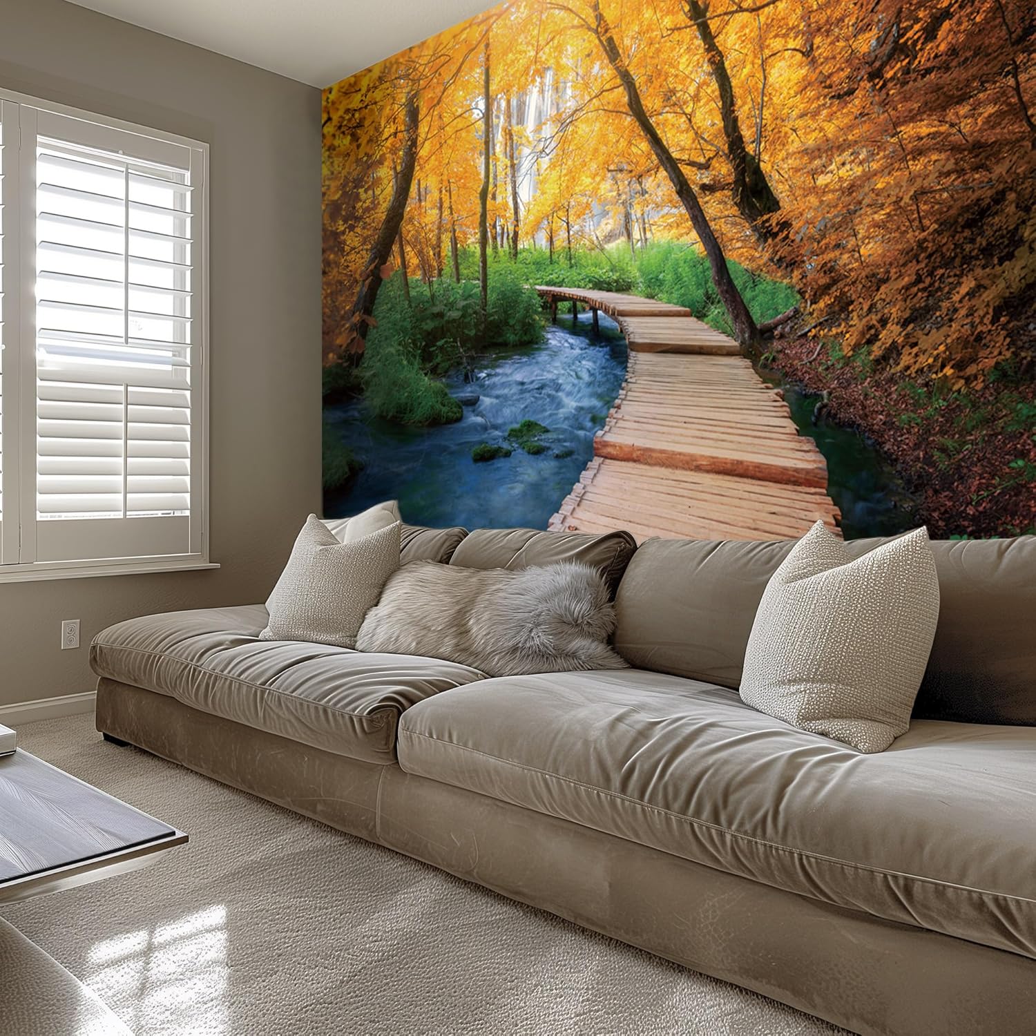AMUGISH Autumn Forest Path Wall Mural Wallpaper | Peel and Stick | Tranquil Nature Scene for Living Room, Bedroom, Kitchen, Nursery - 152''W x 112''H Peel and Stick