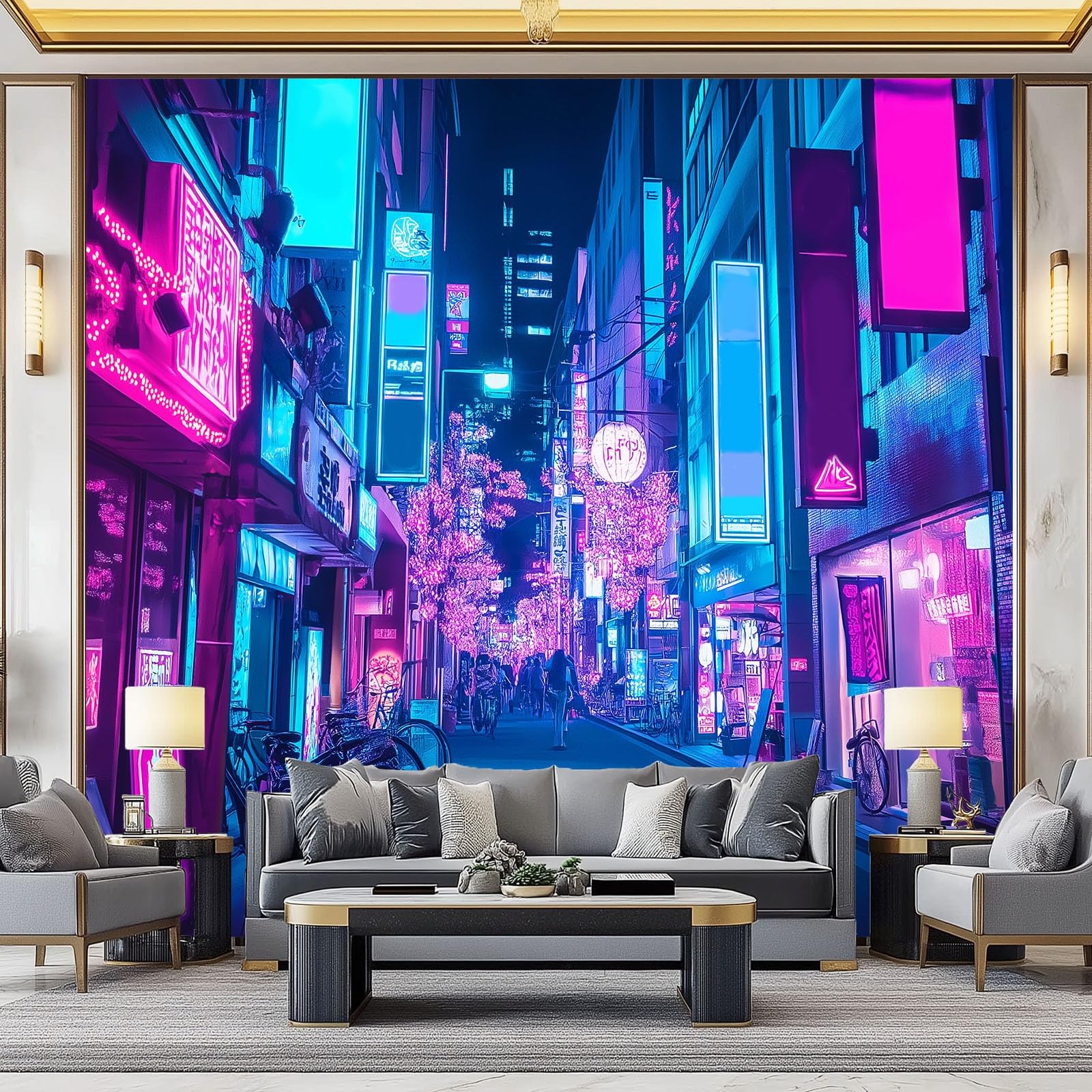 Générique Papier Peint 3D Panoramique Ville Néon Vue de Nuit Intissé Murale Tapisserie pour Salon Chambre Enfant Restaurant Couloir TV Fond Décor Mural 300 x 210 cm